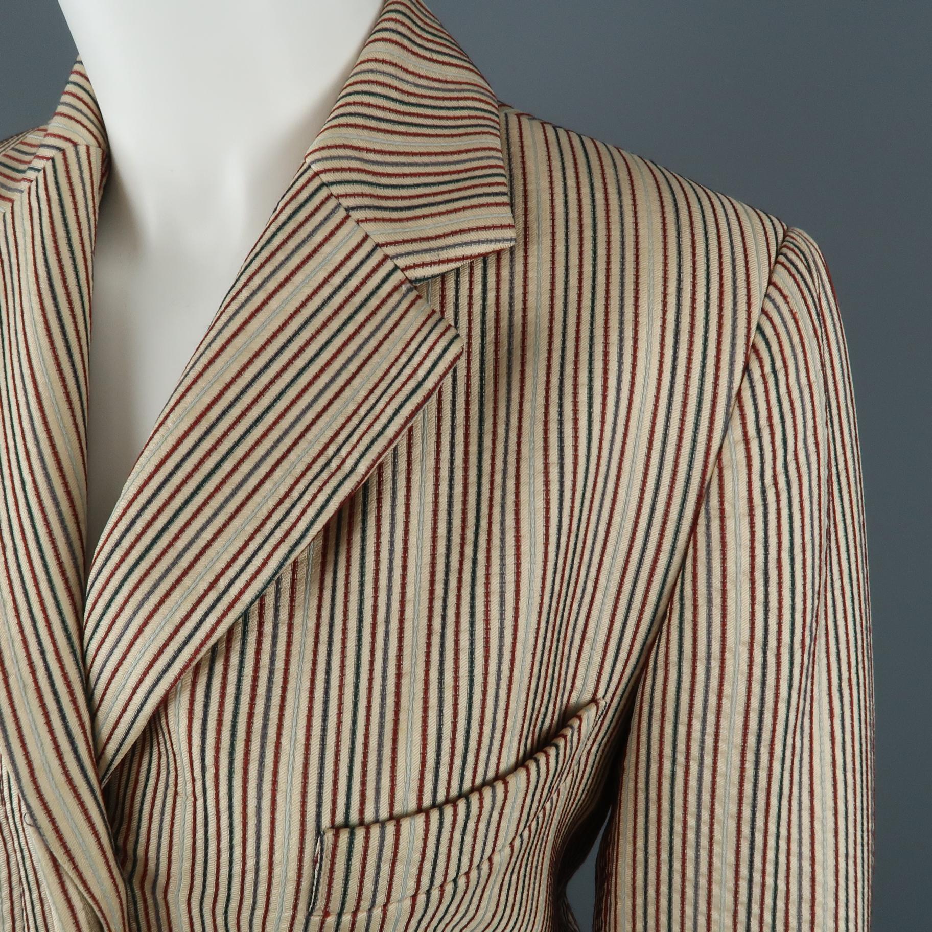 Brown DRIES VAN NOTEN Size 4 Beige & Red Striped Silk / Linen Notch Lapel Coat
