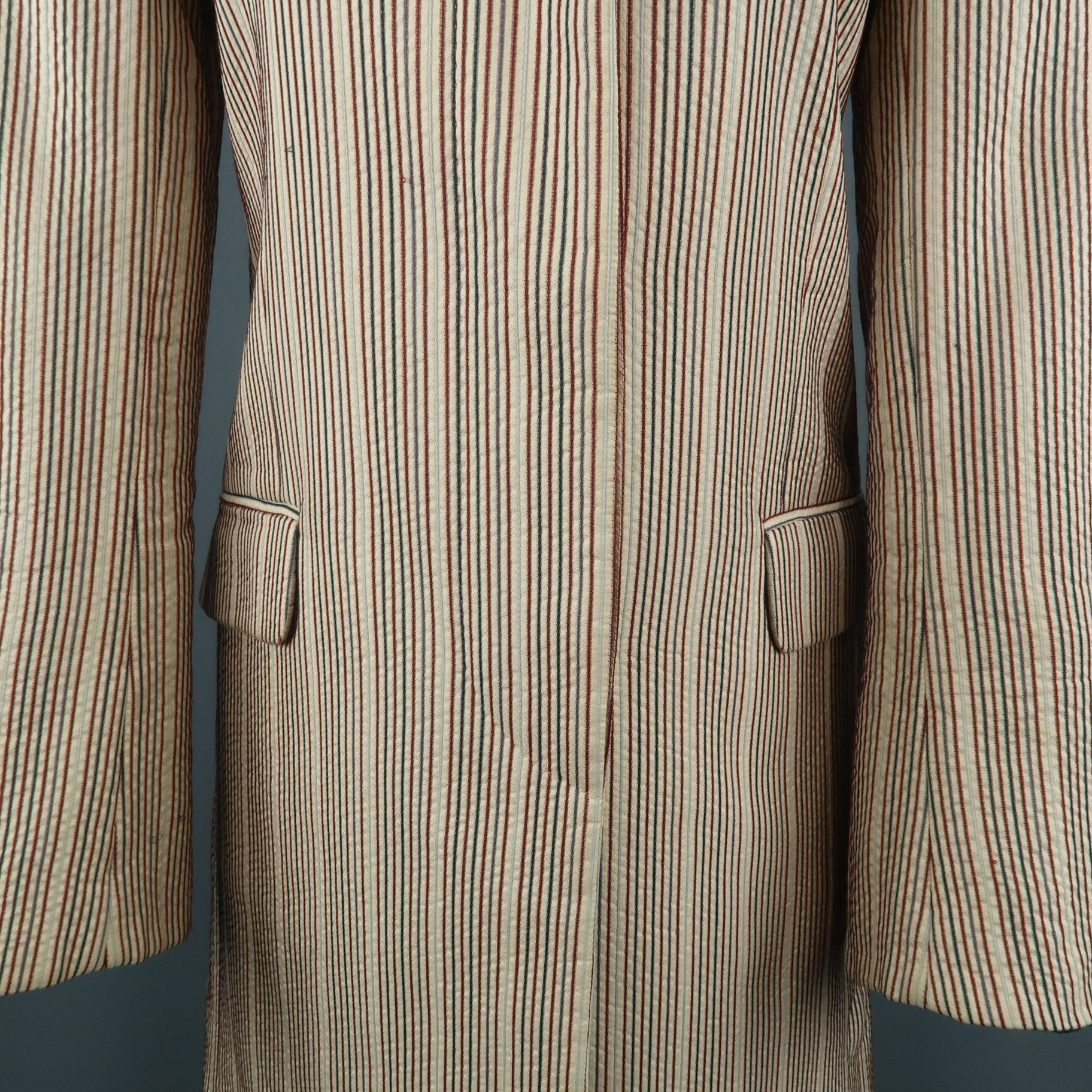 DRIES VAN NOTEN Size 4 Beige & Red Striped Silk / Linen Notch Lapel Coat In Good Condition In San Francisco, CA