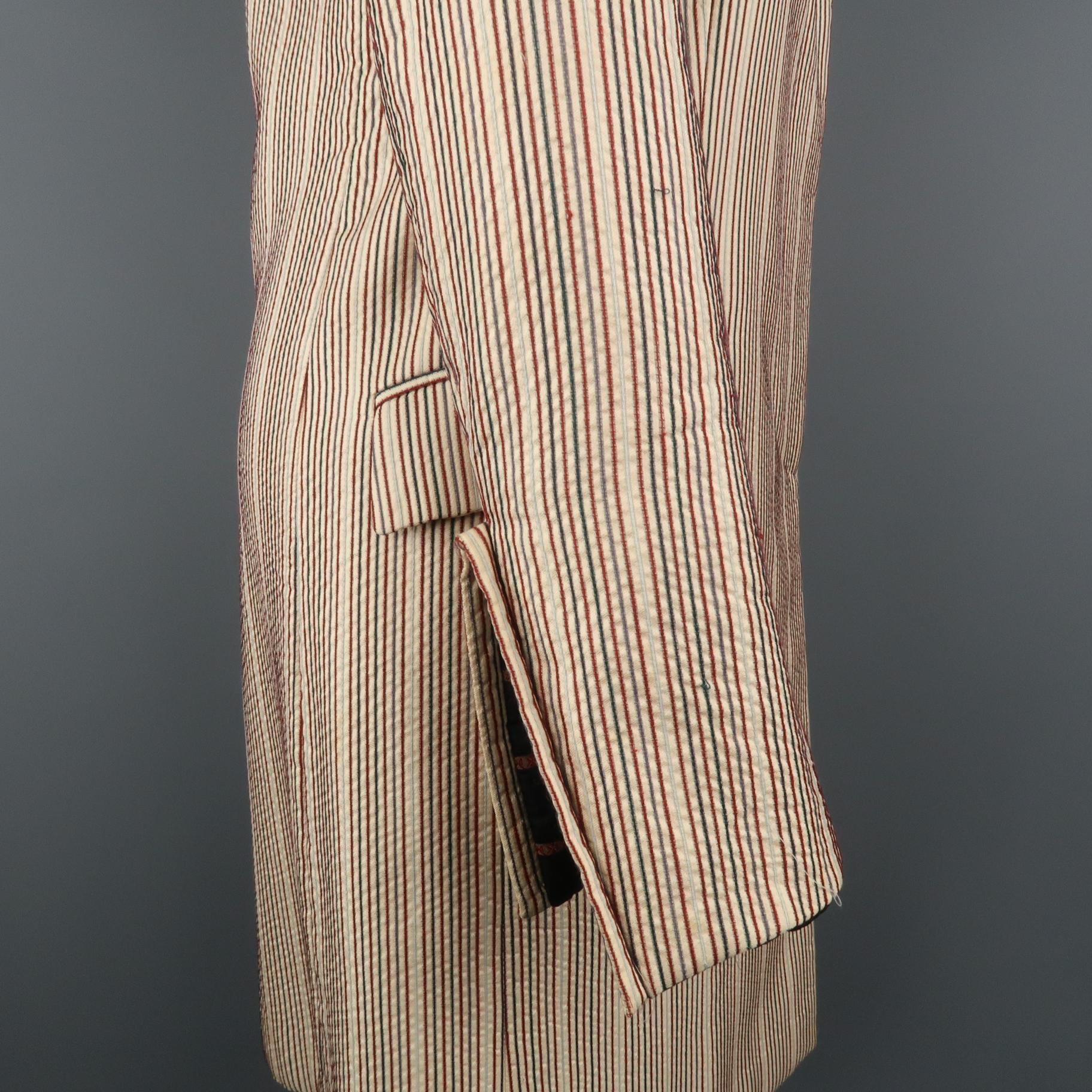 DRIES VAN NOTEN Size 4 Beige & Red Striped Silk / Linen Notch Lapel Coat 1