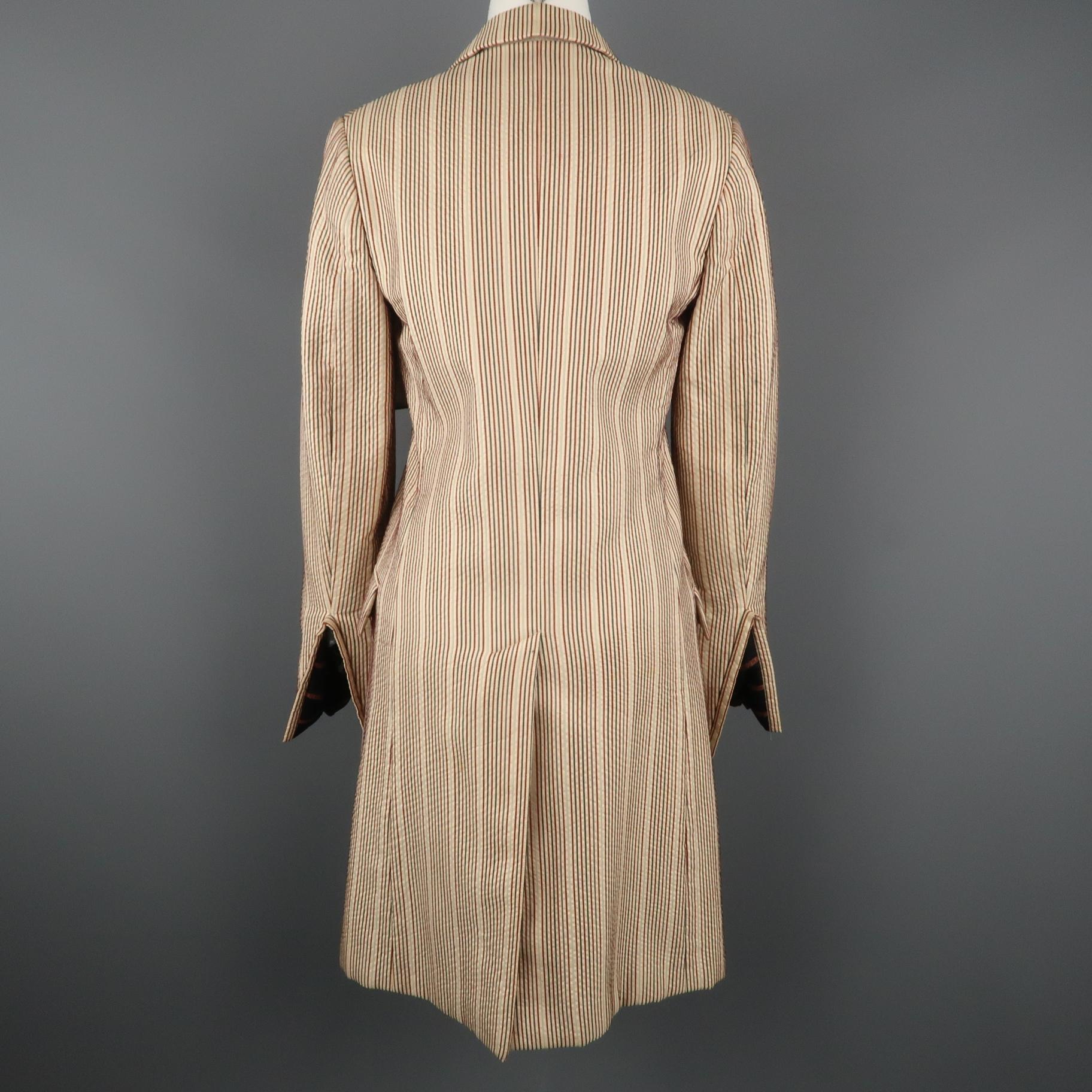 DRIES VAN NOTEN Size 4 Beige & Red Striped Silk / Linen Notch Lapel Coat 2