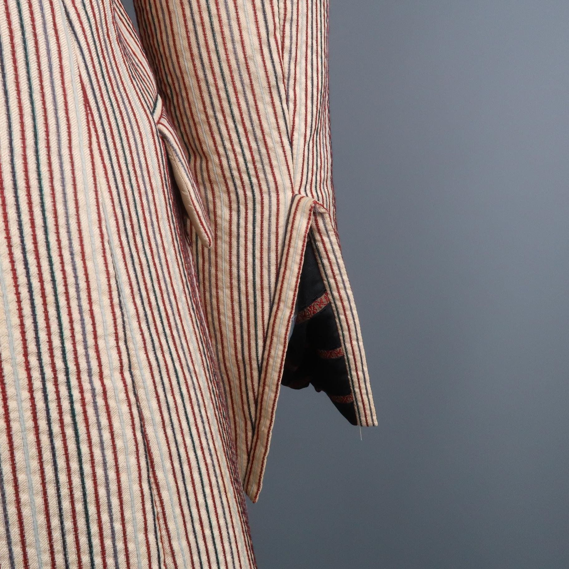 DRIES VAN NOTEN Size 4 Beige & Red Striped Silk / Linen Notch Lapel Coat 3