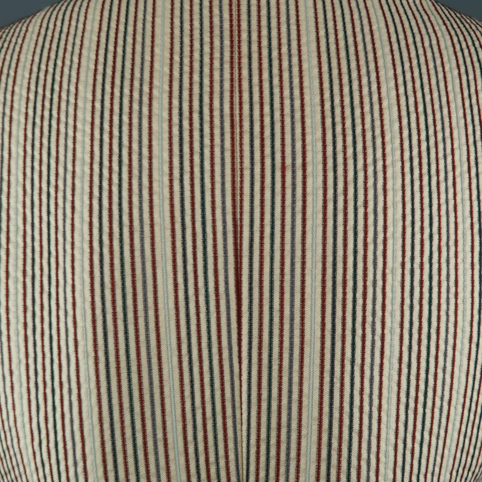 DRIES VAN NOTEN Size 4 Beige & Red Striped Silk / Linen Notch Lapel Coat 4