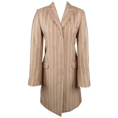 DRIES VAN NOTEN Size 4 Beige 
Red Striped Silk / Linen Notch Lapel Coat