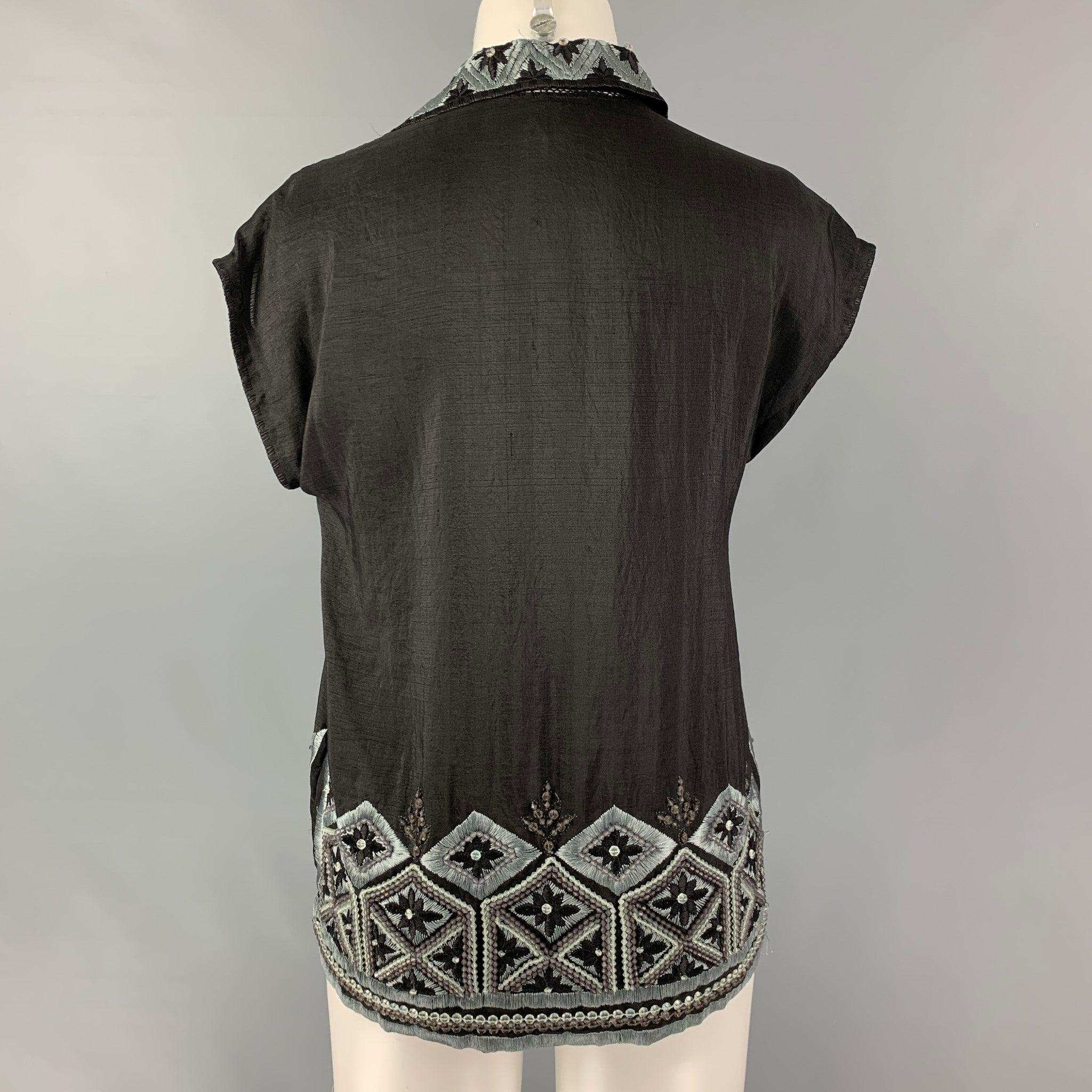 DRIES VAN NOTEN Size 4 Black & Blue Silk Embroidered Sleeveless Dress Top In Good Condition For Sale In San Francisco, CA