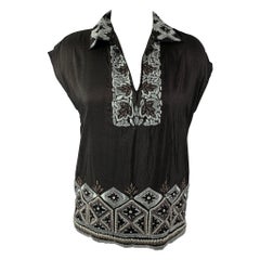 DRIES VAN NOTEN Größe 4 Schwarz & Blau Seide besticktes ärmelloses Kleid Top