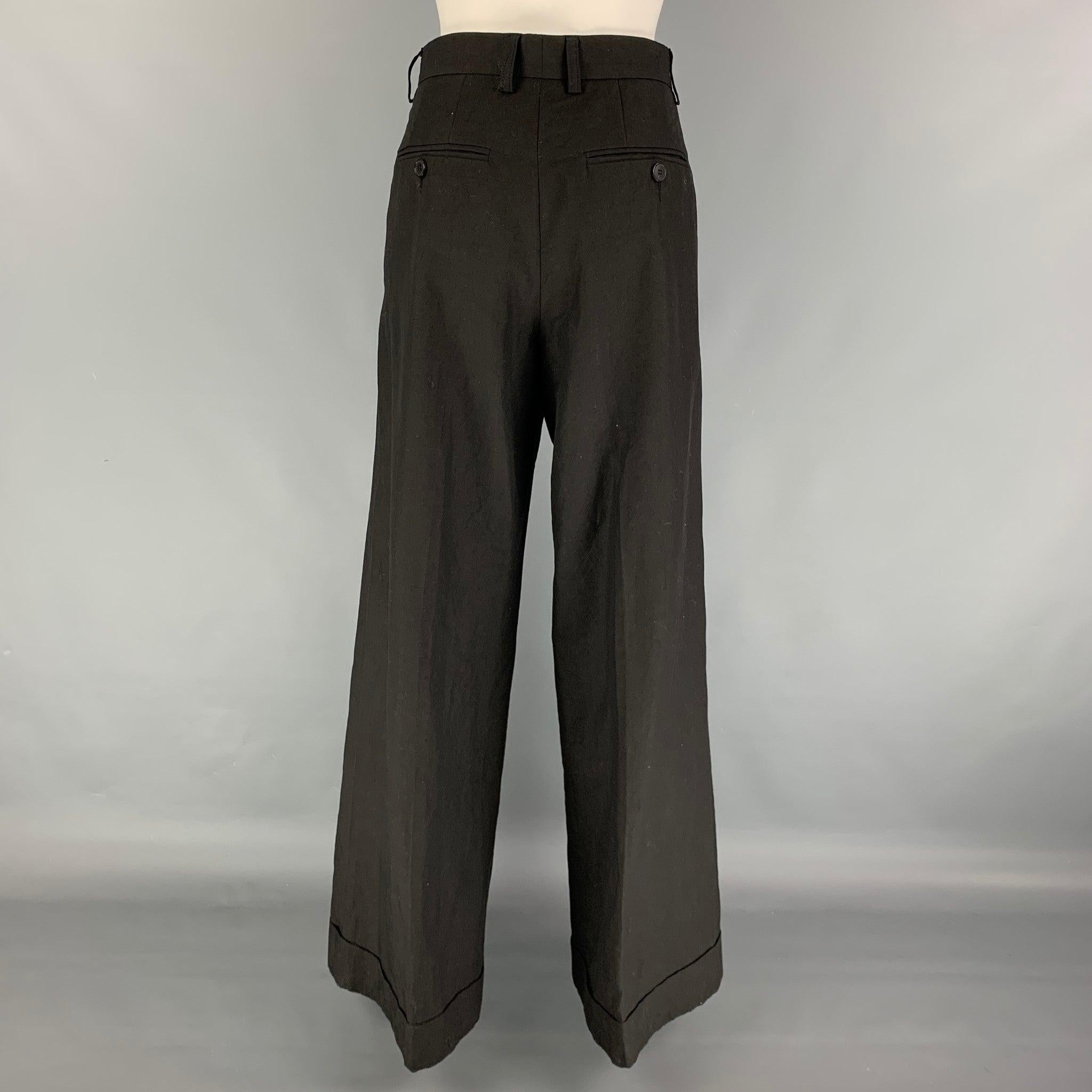 DRIES VAN NOTEN Size 4 Black Cotton Linen Wide Leg Dress Pants In Good Condition For Sale In San Francisco, CA