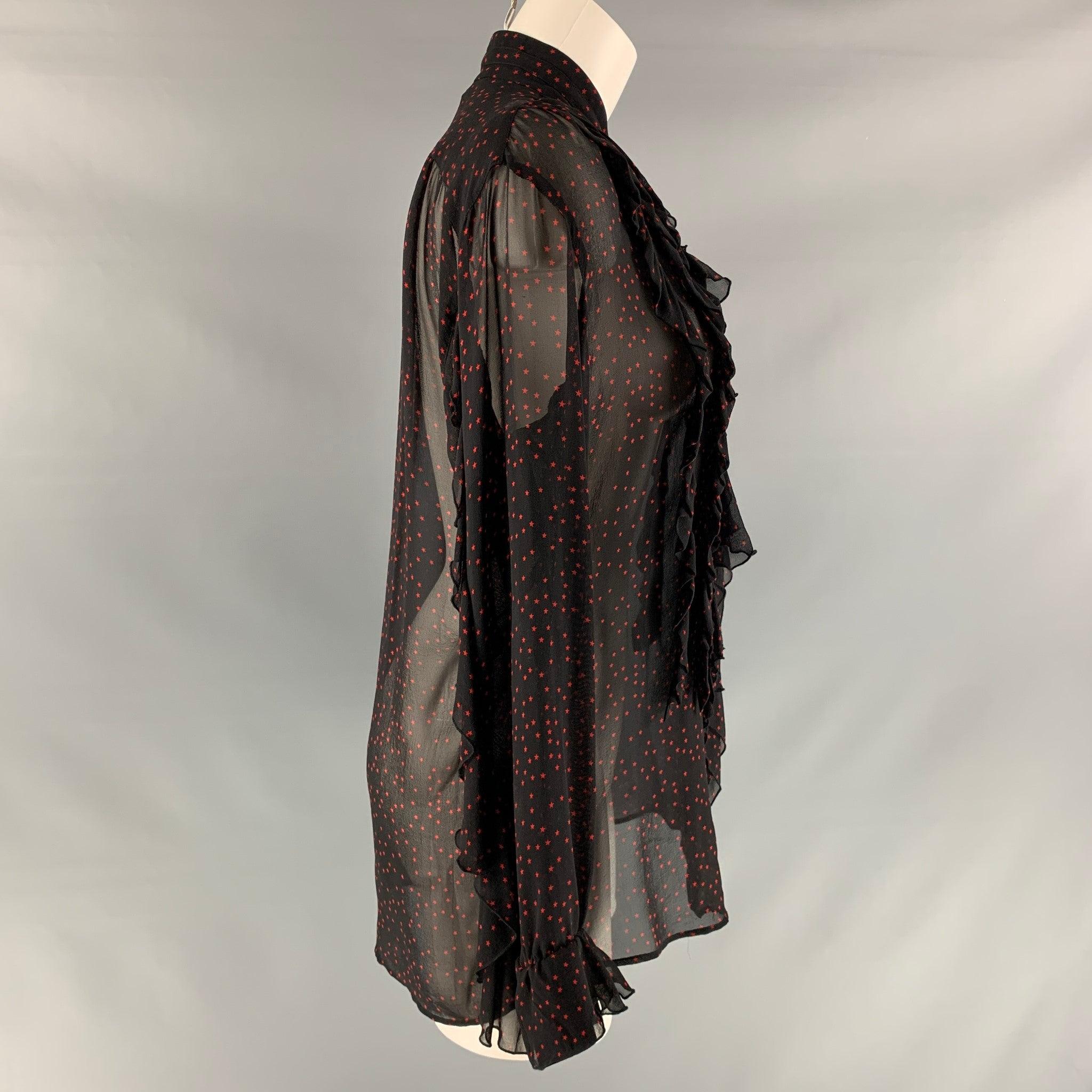 DRIES VAN NOTEN Size 4 Black &  Red Silk Stars Ruffle Shirt In Excellent Condition In San Francisco, CA
