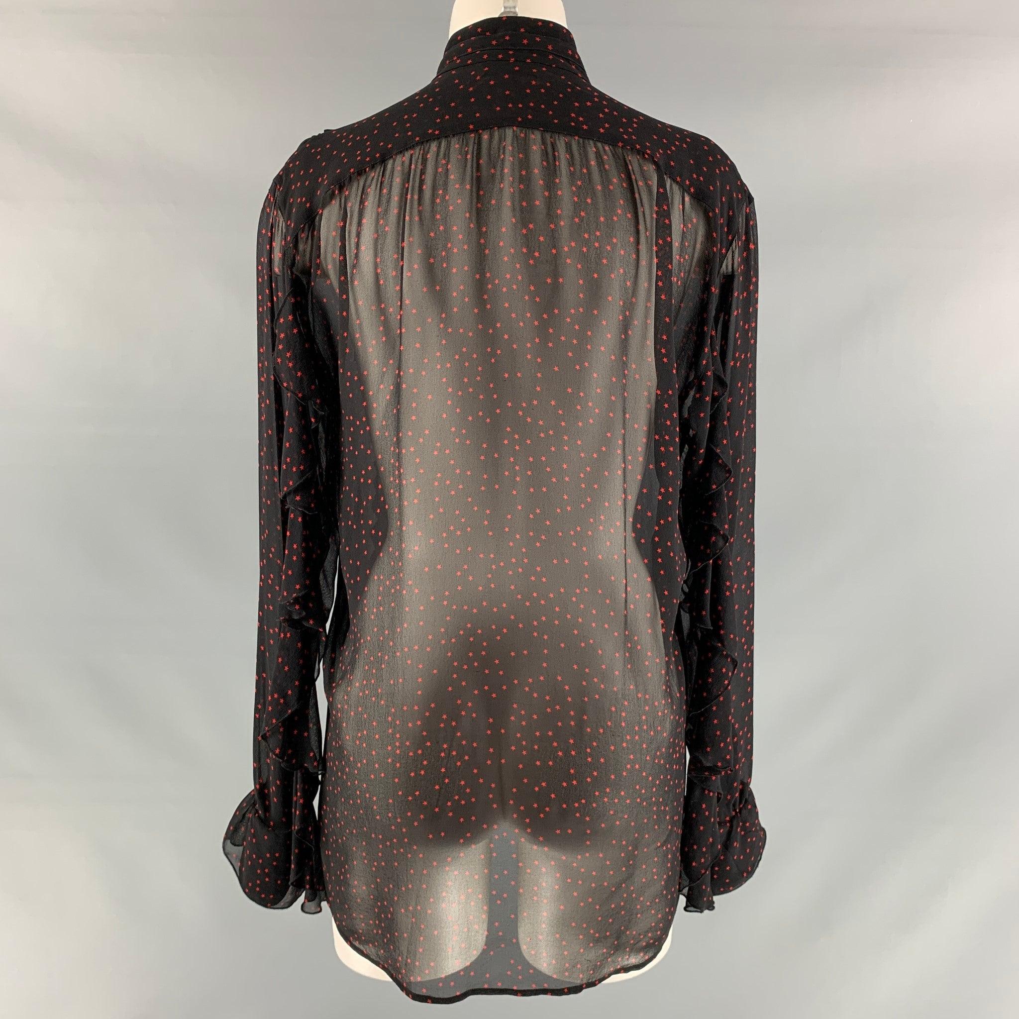 Women's DRIES VAN NOTEN Size 4 Black &  Red Silk Stars Ruffle Shirt