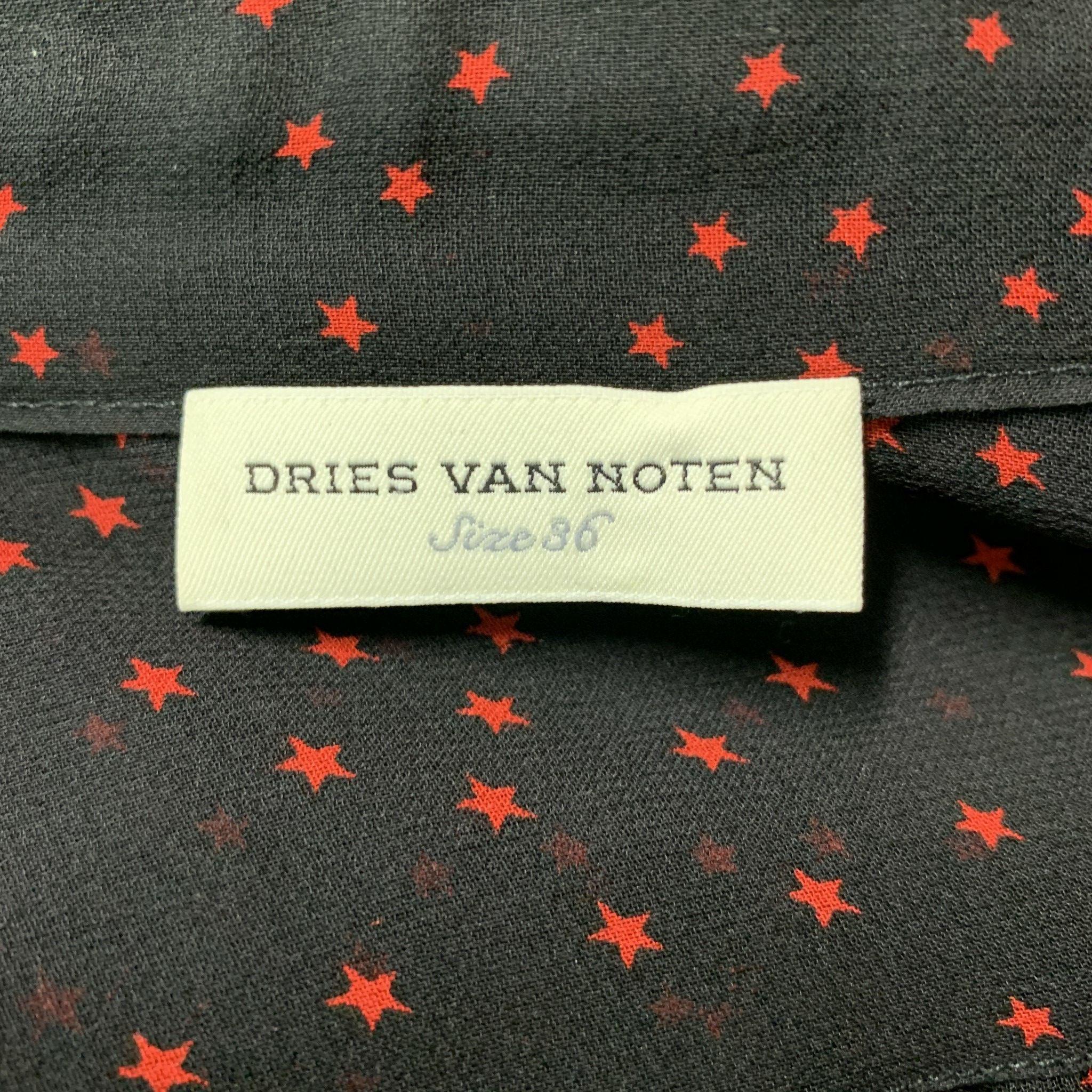 DRIES VAN NOTEN Size 4 Black &  Red Silk Stars Ruffle Shirt For Sale 1