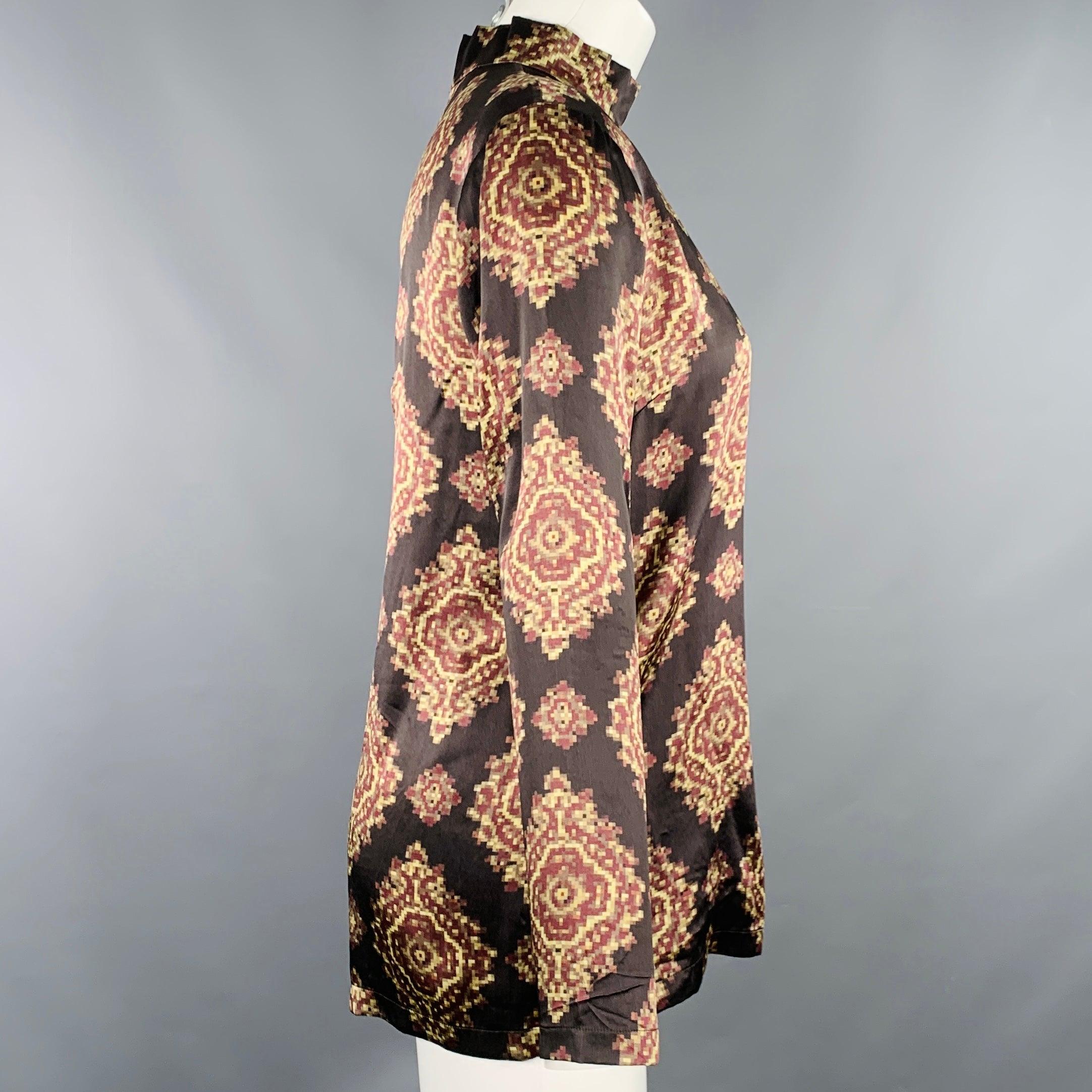 DRIES VAN NOTEN Size 4 Black Yellow Brown Silk Abstract Long Sleeve Dress Top In Excellent Condition For Sale In San Francisco, CA