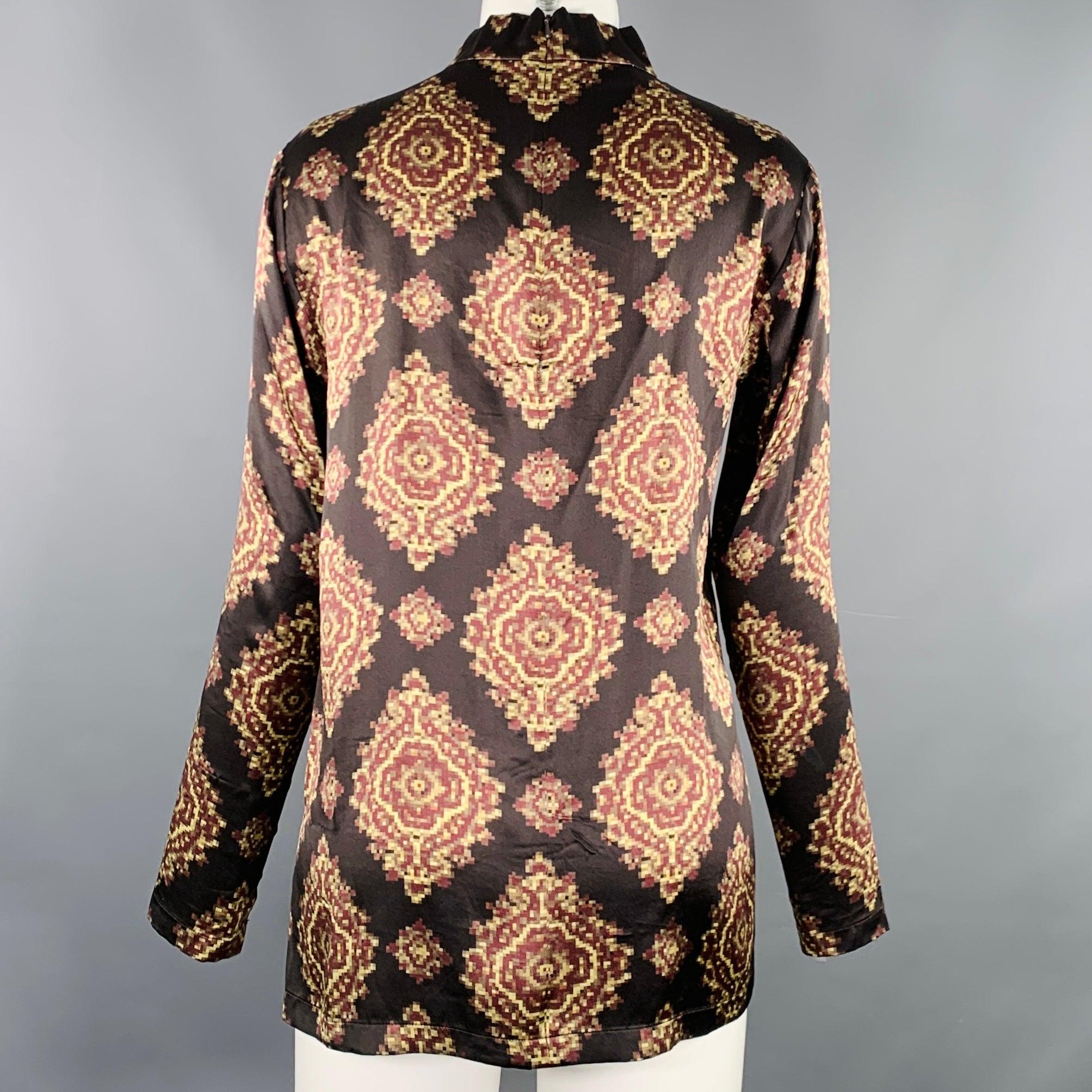 Women's DRIES VAN NOTEN Size 4 Black Yellow Brown Silk Abstract Long Sleeve Dress Top For Sale