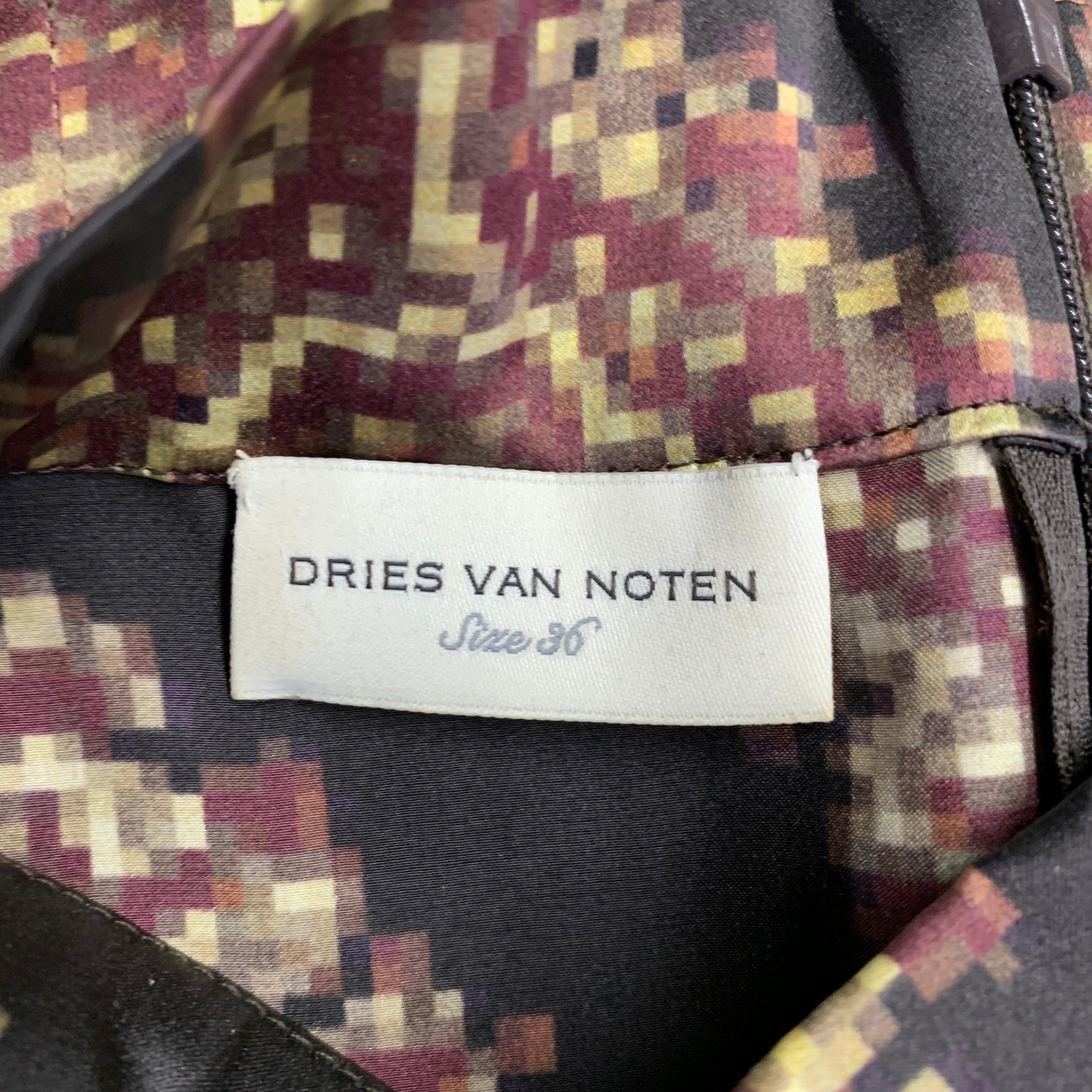 DRIES VAN NOTEN Size 4 Black Yellow Brown Silk Abstract Long Sleeve Dress Top For Sale 2