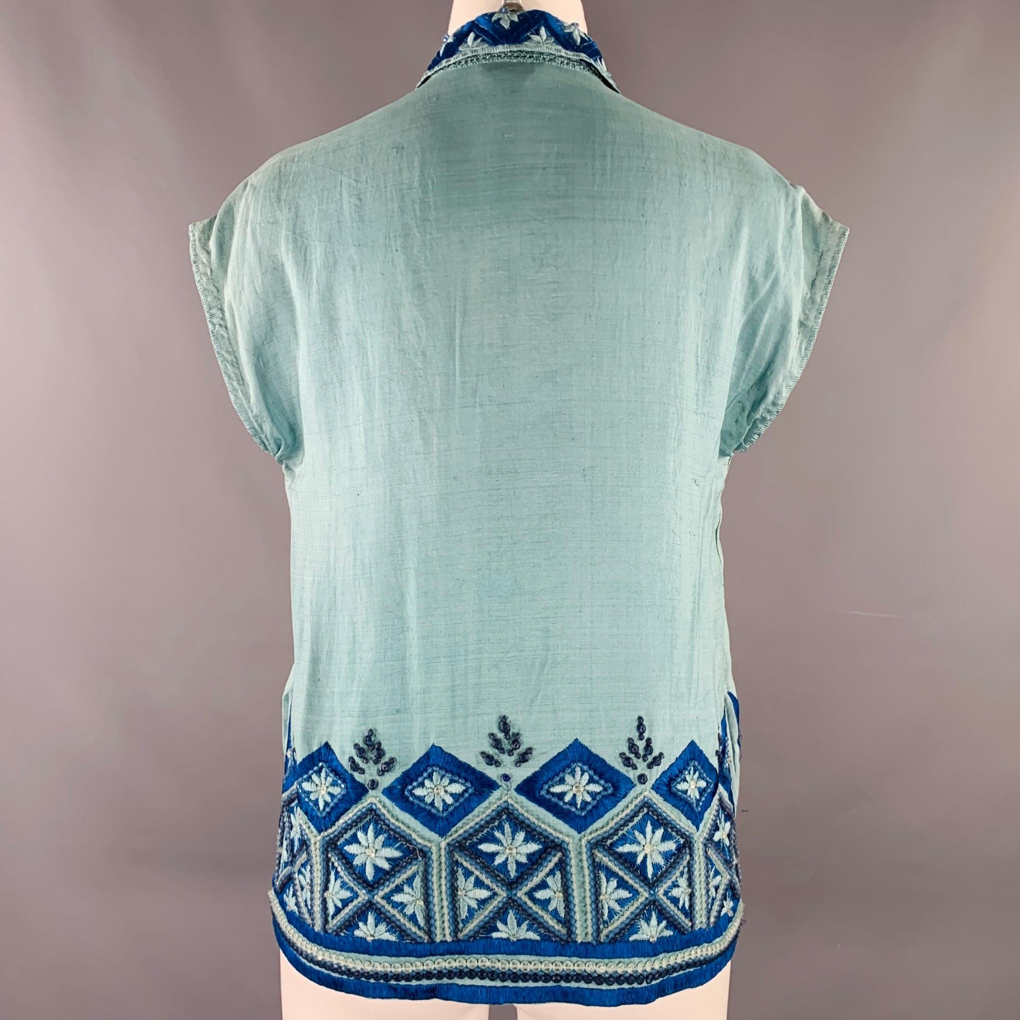 DRIES VAN NOTEN Size 4 Blue Light Blue Silk Embroidered Sleeveless Casual Top For Sale 1