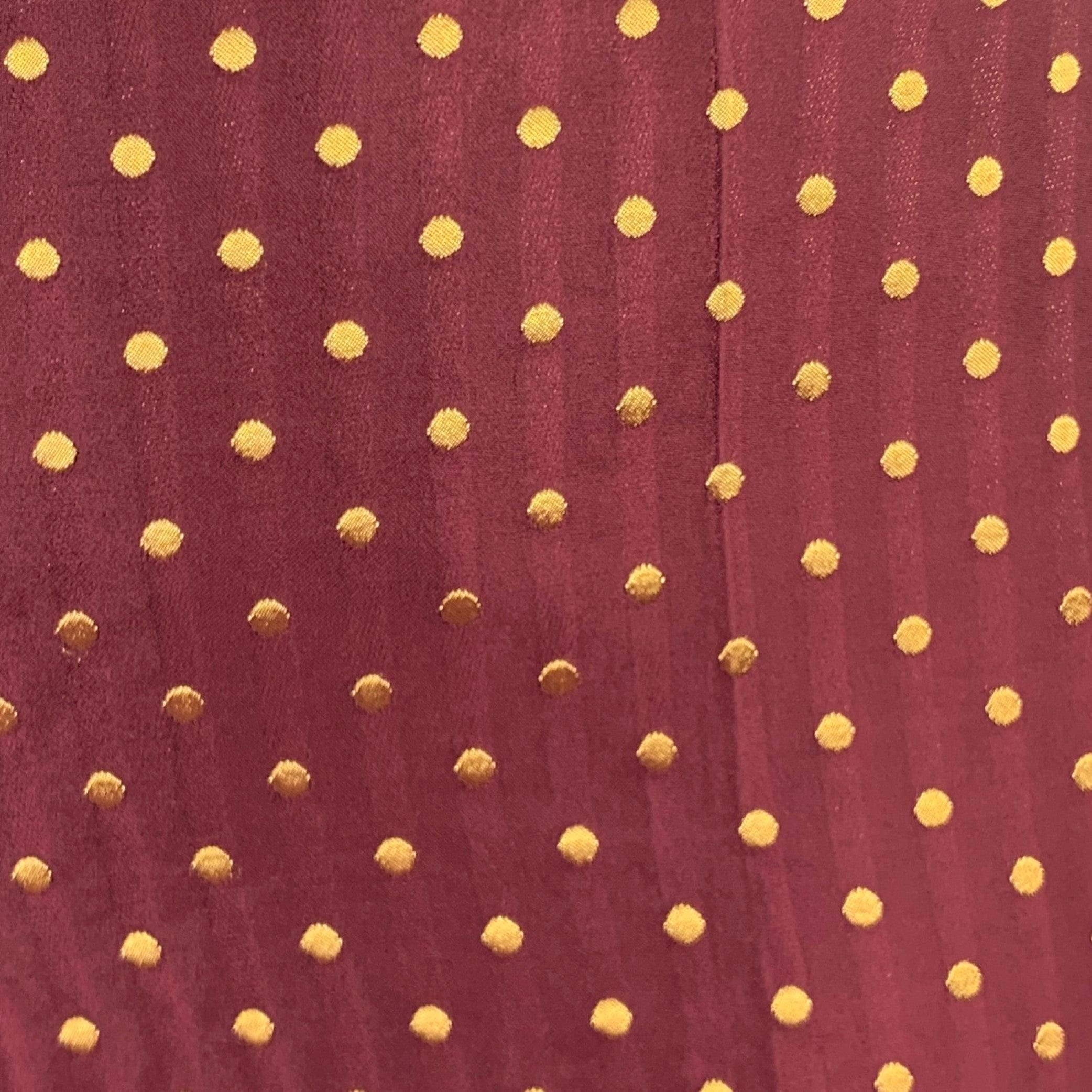 DRIES VAN NOTEN dress pants
in a
burgundy viscose blend fabric featuring a gold tone polka dot pattern, wide leg, and zip fly closure. Excellent Pre-Owned Condition. 

Marked:   IT 36 

Measurements: 
  Waist: 30 inches Rise: 9.5 inches Inseam: 27.5