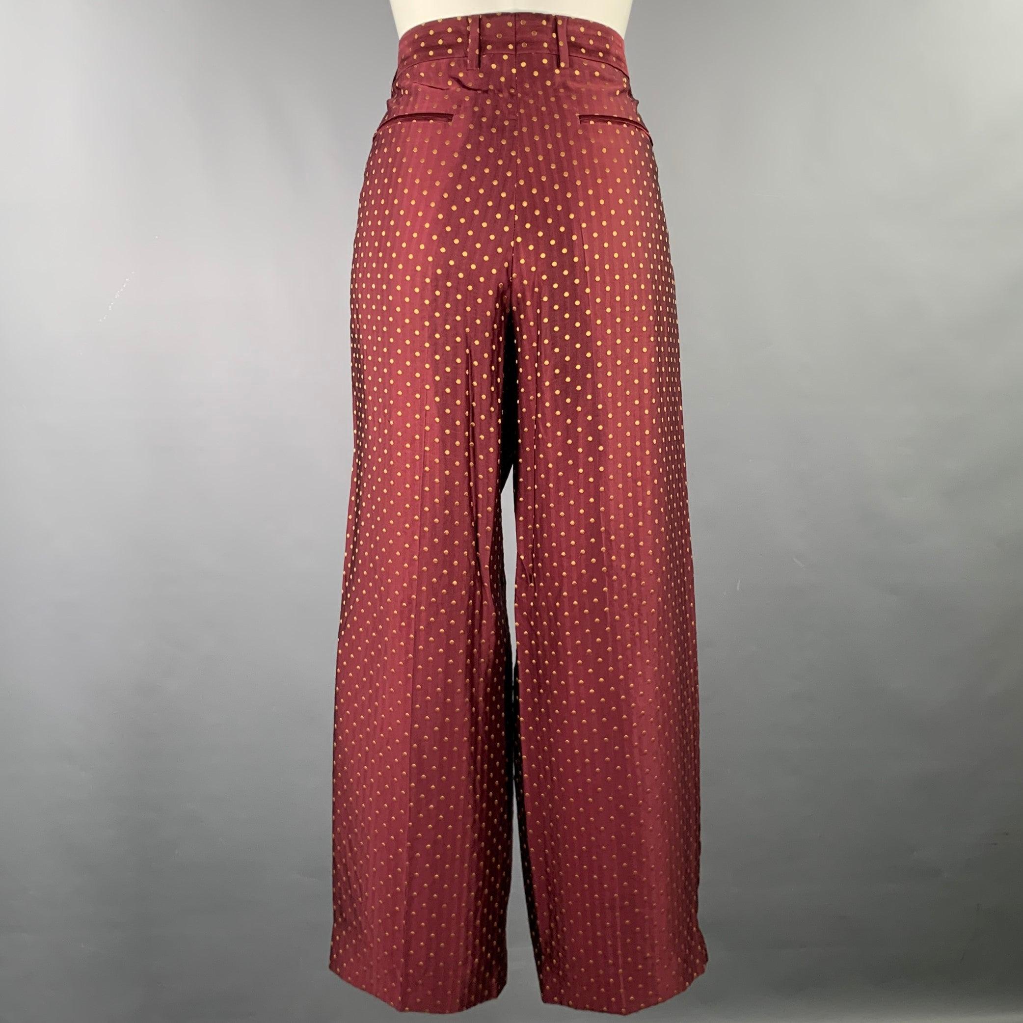 Brown DRIES VAN NOTEN Size 4 Burgundy Gold Viscose Polyester Polka Dot Dress Pants
