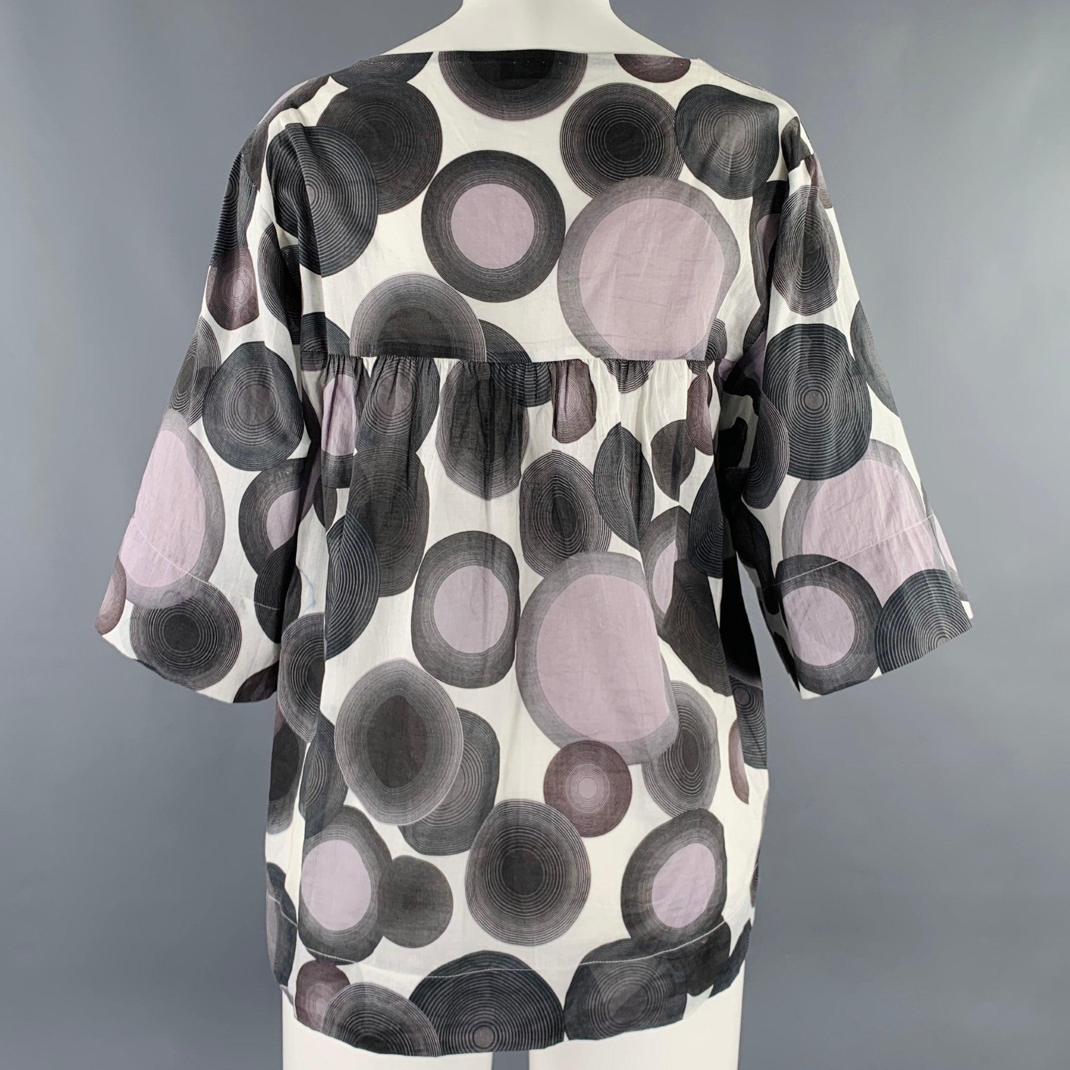 Gray DRIES VAN NOTEN Size 4 Grey White Cotton Circles 3/4 Sleeves Casual Top