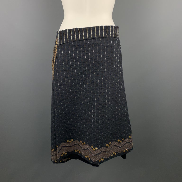 DRIES VAN NOTEN Size 4 Navy Textured Gold Embroidered Wrap Skirt at 1stDibs