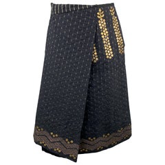 DRIES VAN NOTEN Size 4 Navy Textured Gold Embroidered Wrap Skirt