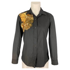 Dries van Noten Taglia 4 Camicetta a maniche lunghe con perline in cotone color ardesia