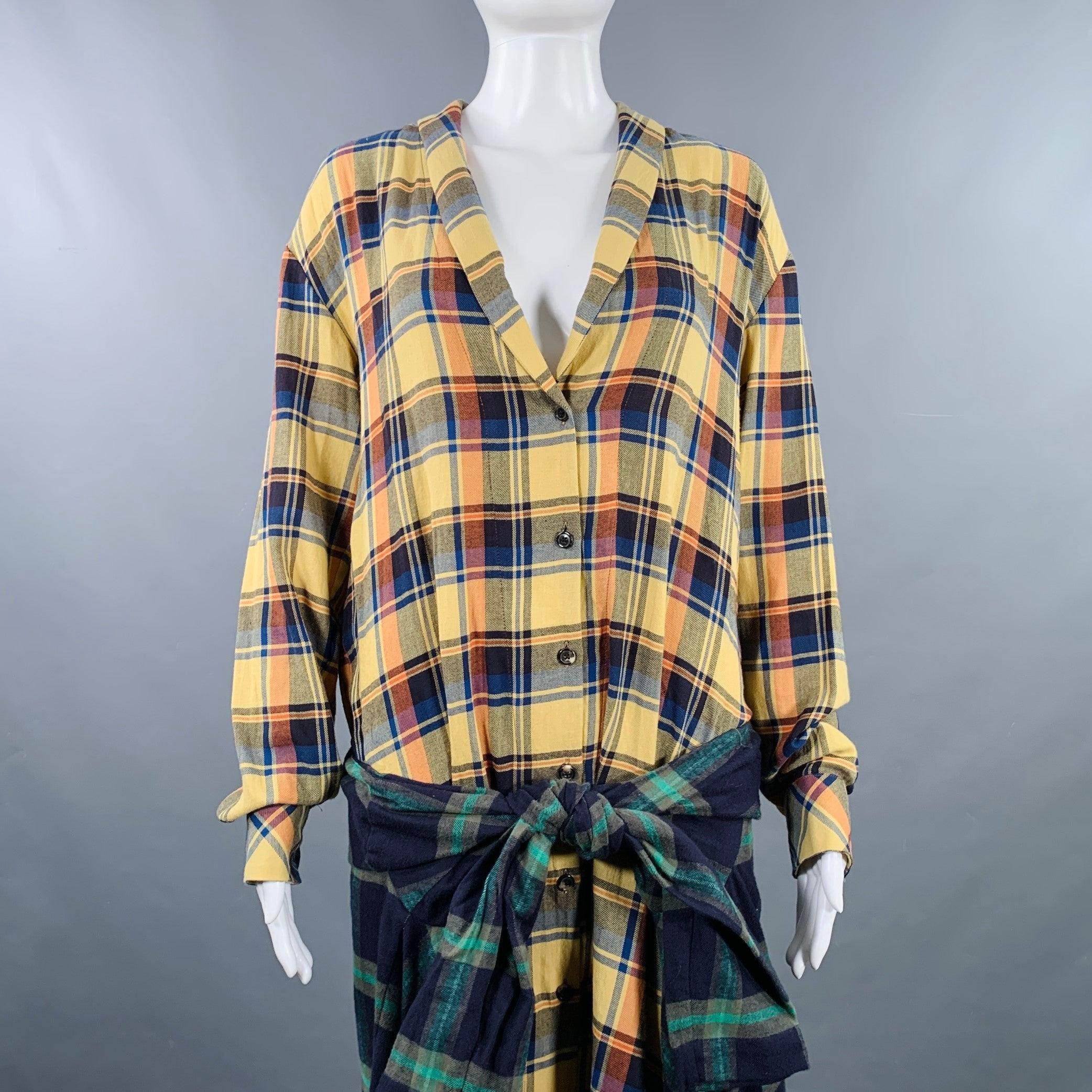 DRIES VAN NOTEN dress in a yellow and multi-color cotton woven fabric featuring a plaid pattern, shirt dress style with flannel 