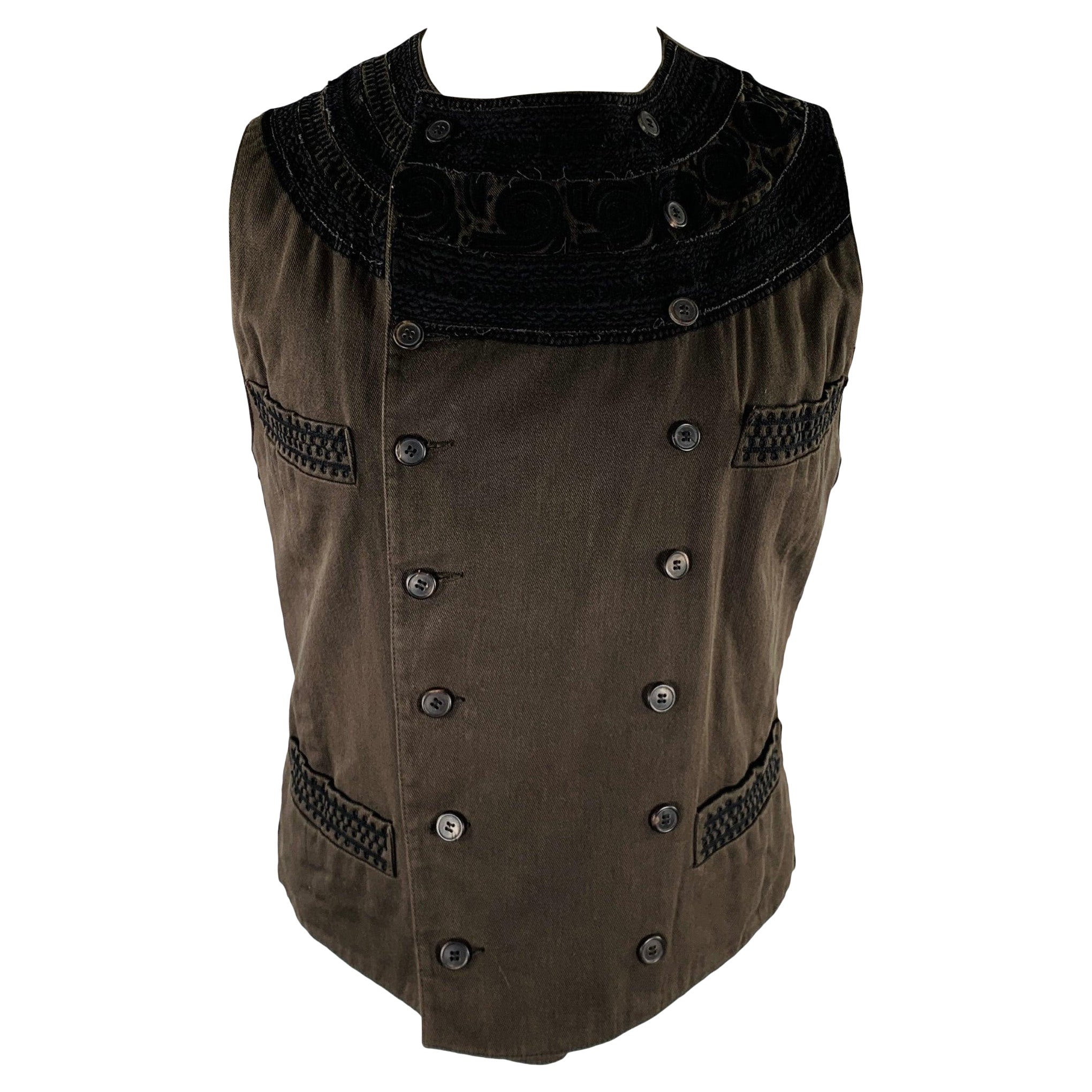 DRIES VAN NOTEN Size 40 Black Dark Green Cotton Blend Embroidery Vest