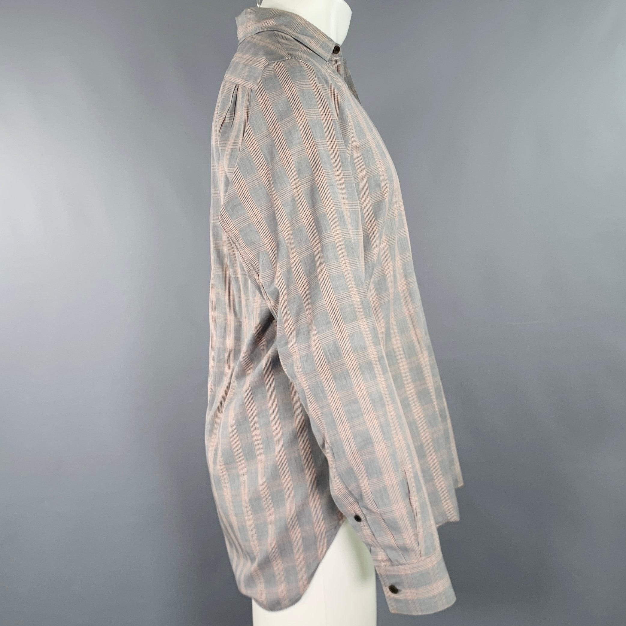 Gray DRIES VAN NOTEN Size 40 Grey Burgundy Glenplaid Long Sleeve Shirt For Sale