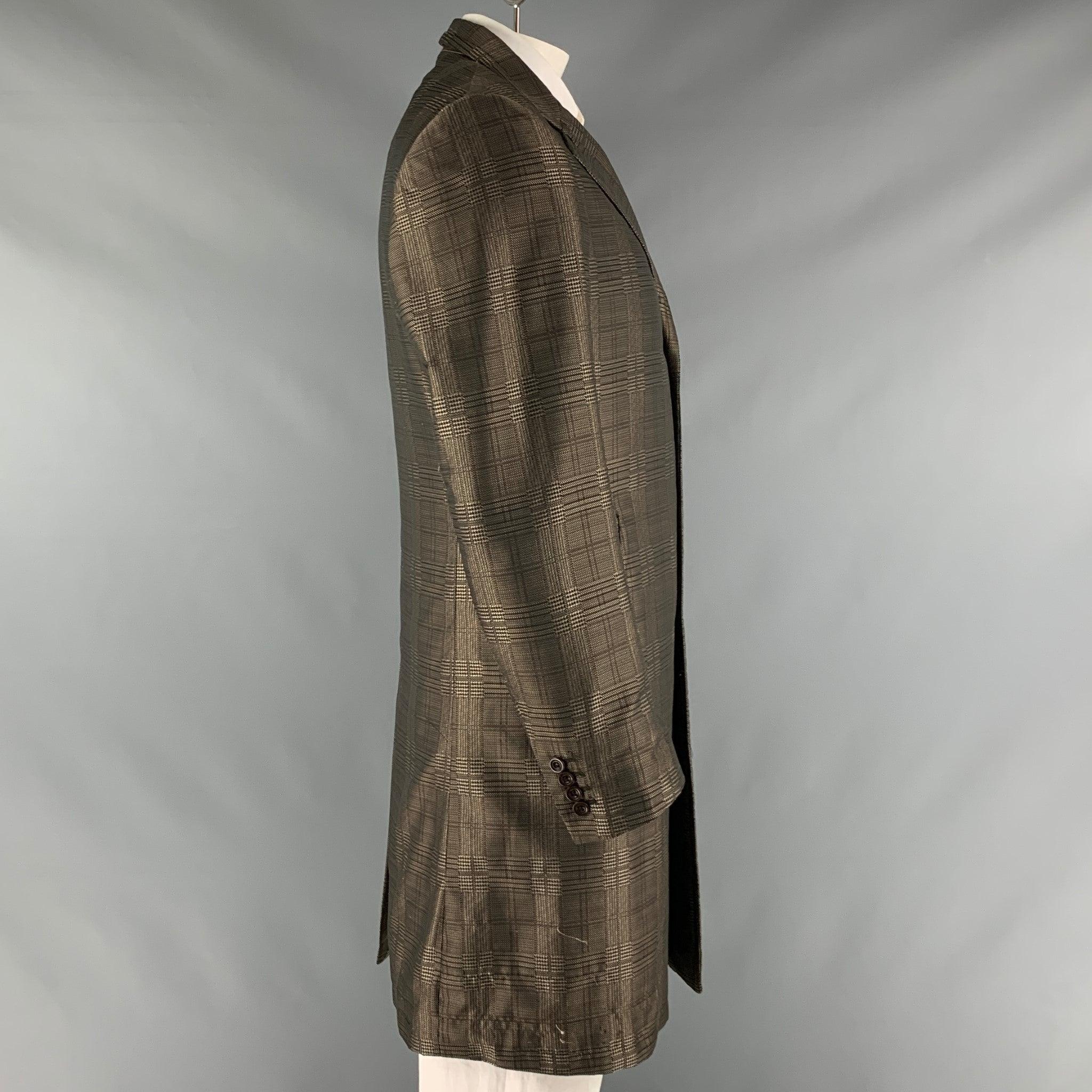 Black DRIES VAN NOTEN Size 42 Brown Taupe Glenplaid Polyester Coat For Sale