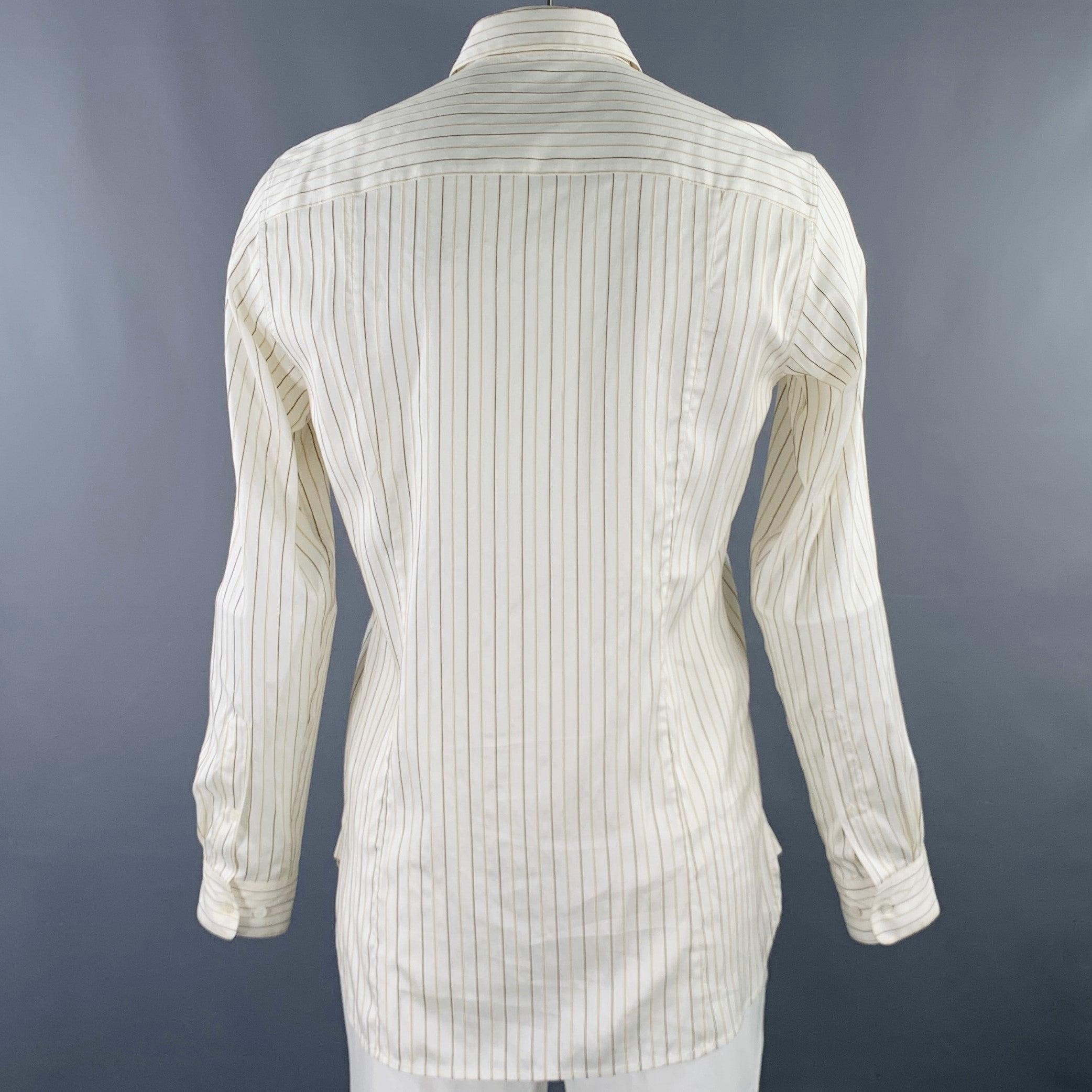 White DRIES VAN NOTEN Size 42 Cream Brown Stripe Silk Cotton Long Sleeve Shirt