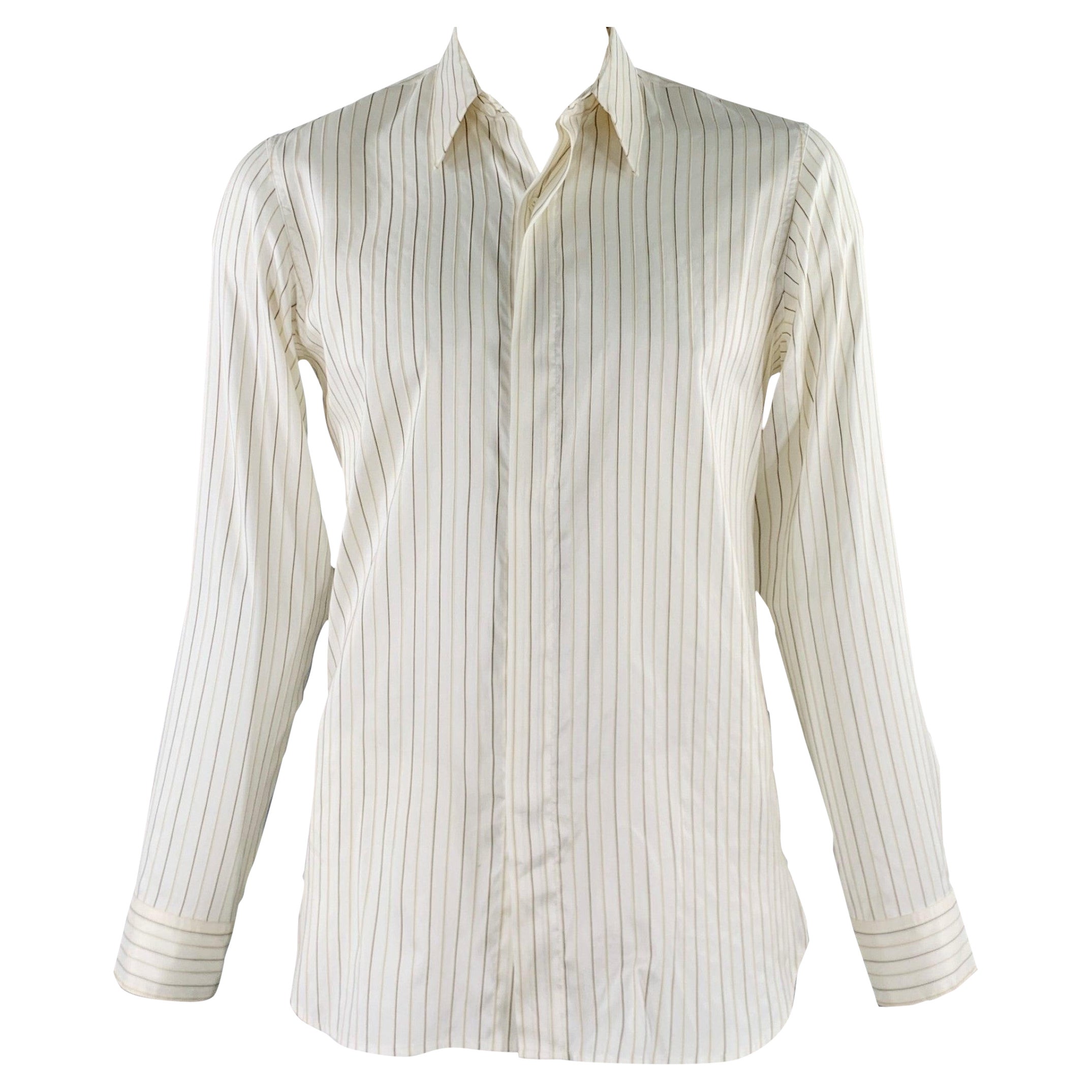 DRIES VAN NOTEN Size 42 Cream Brown Stripe Silk Cotton Long Sleeve Shirt
