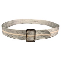 DRIES VAN NOTEN Size 42 Silver White Stripe Leather Belt
