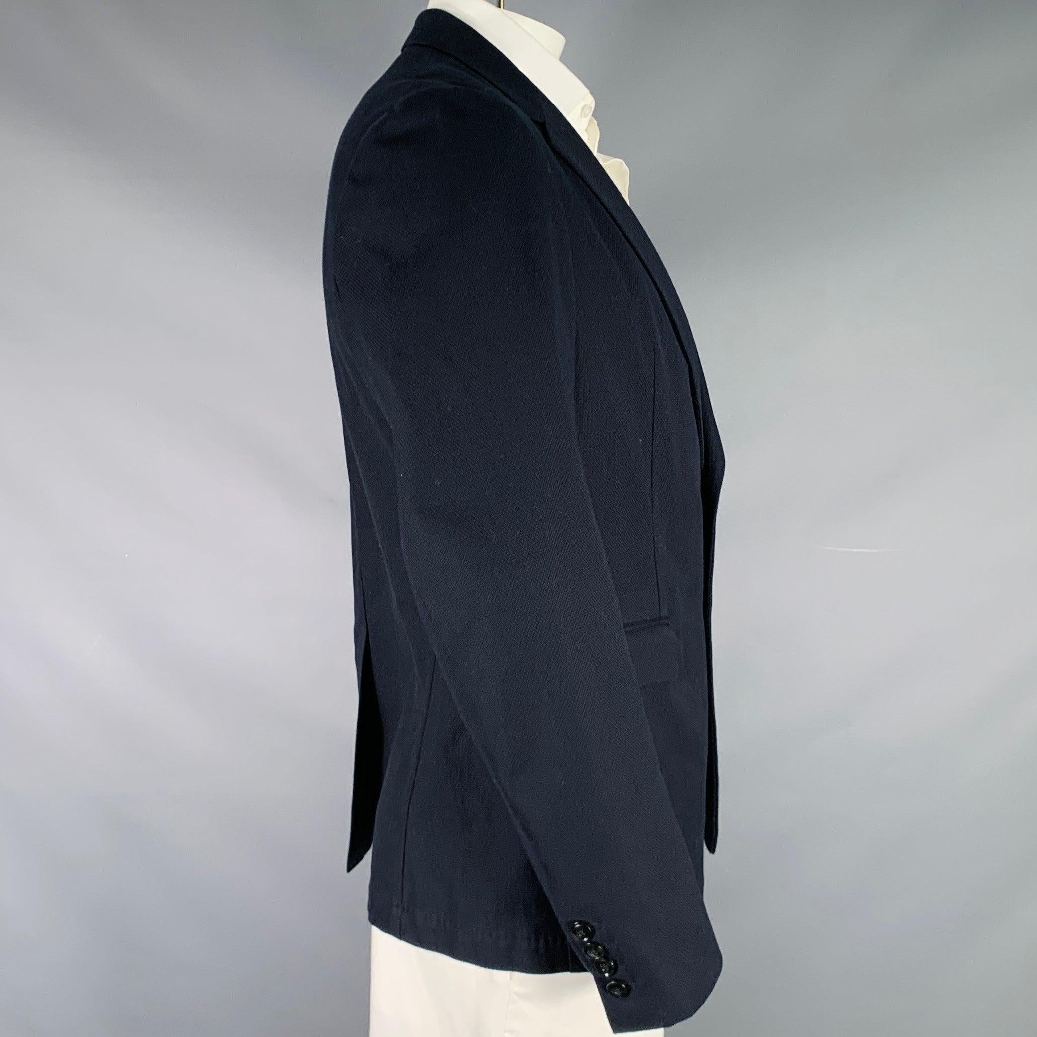 Noir DRIES VAN NOTEN Size 46 SS15 Navy Woven Cotton Notch Lapel Sport Coat en vente