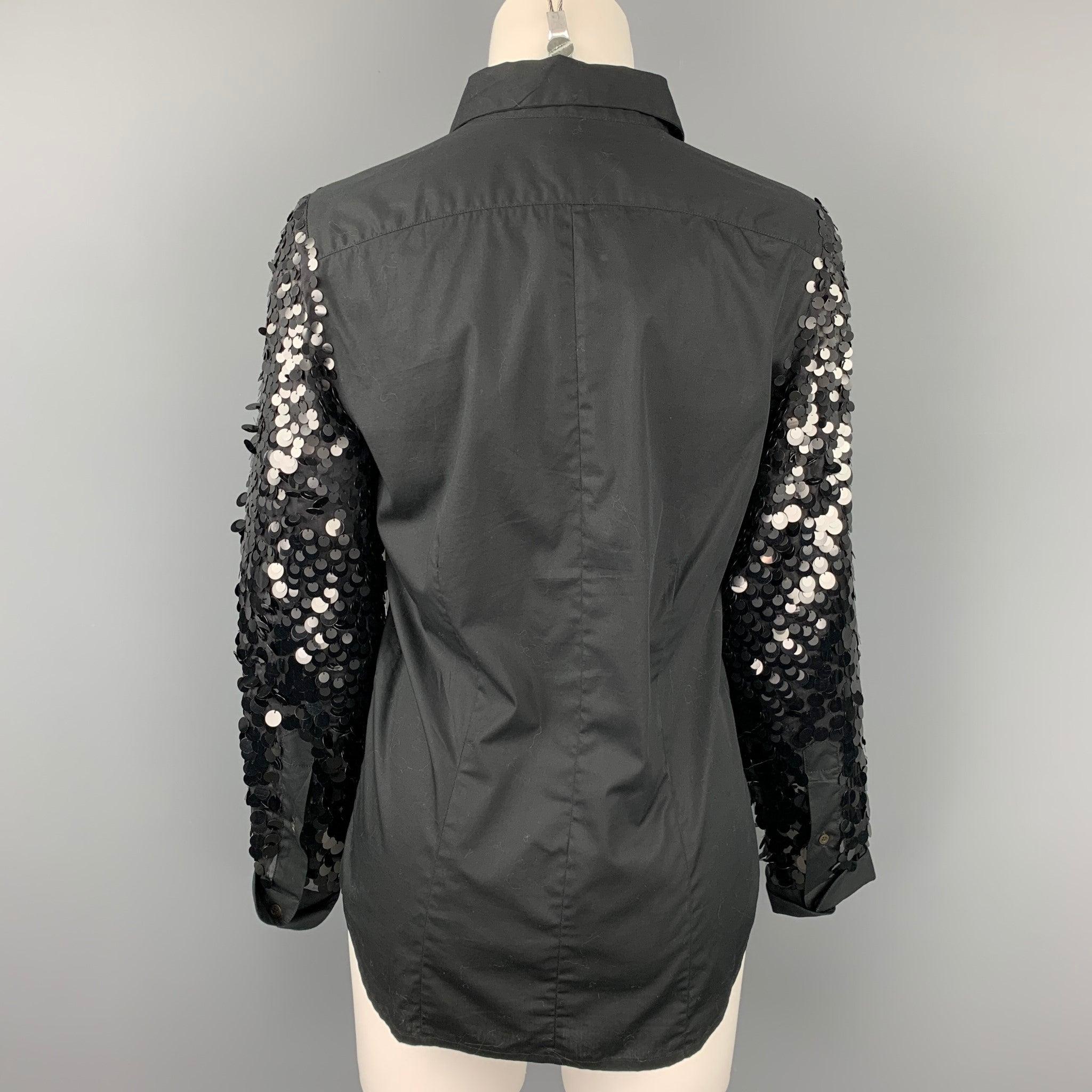 DRIES VAN NOTEN Size 6 Black Cotton / Silk Sequined Sleeves Blouse In Good Condition For Sale In San Francisco, CA