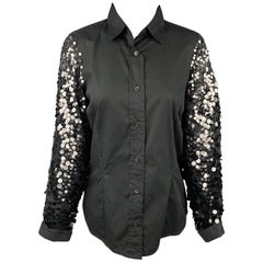 DRIES VAN NOTEN Size 6 Black Cotton / Silk Sequined Sleeves Blouse