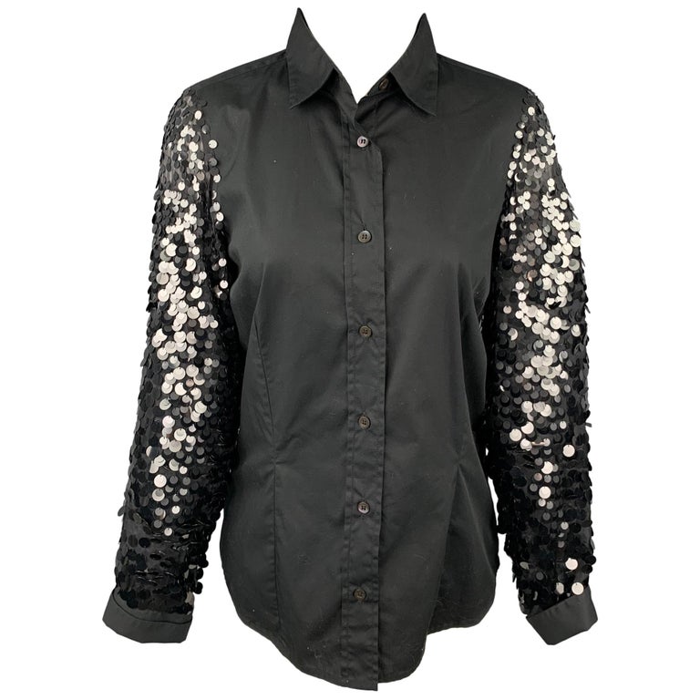 DRIES VAN NOTEN Size 6 Black Cotton / Silk Sequined Sleeves Blouse For Sale