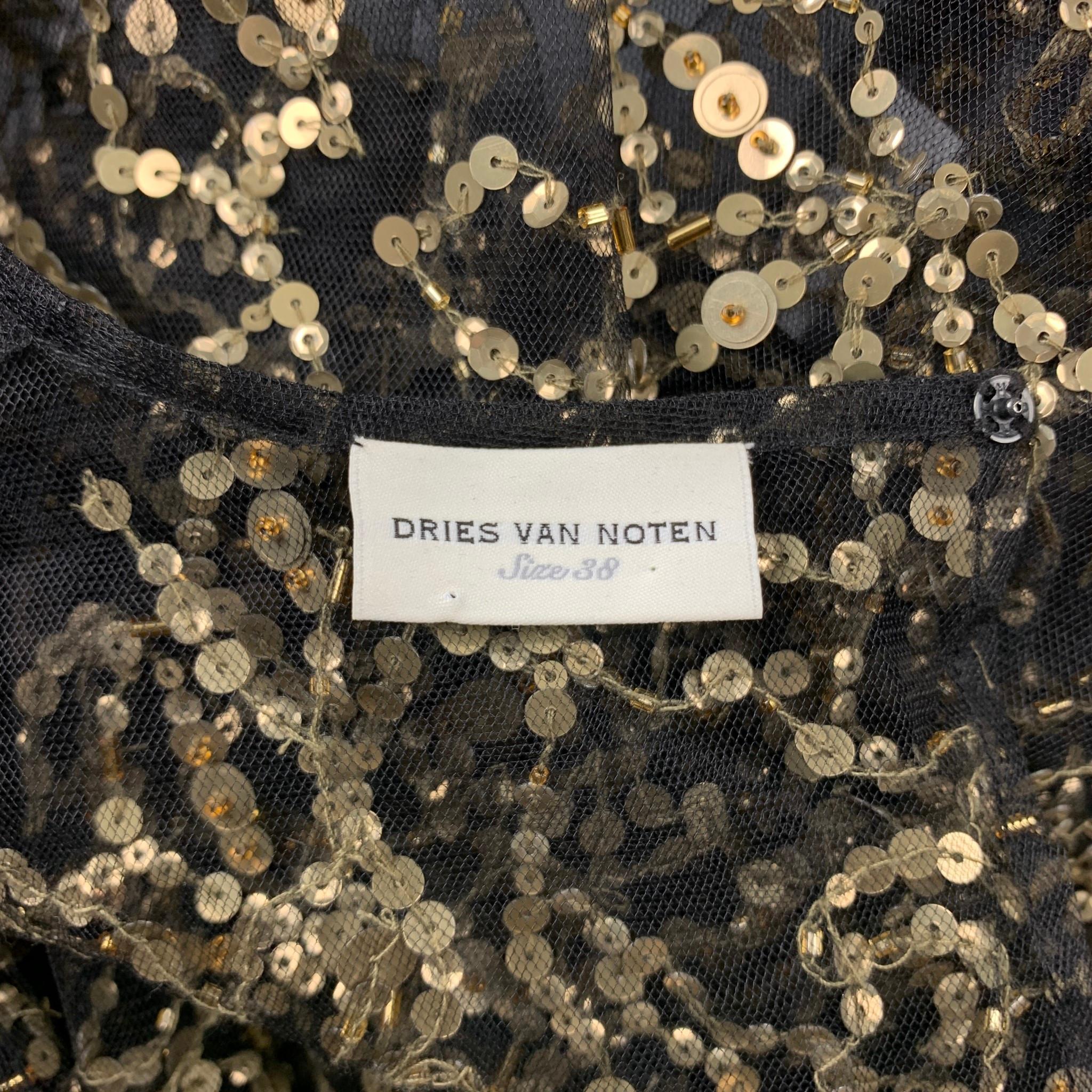 Brown DRIES VAN NOTEN Size 6 Black & Gold Beaded Polyester Dress Top