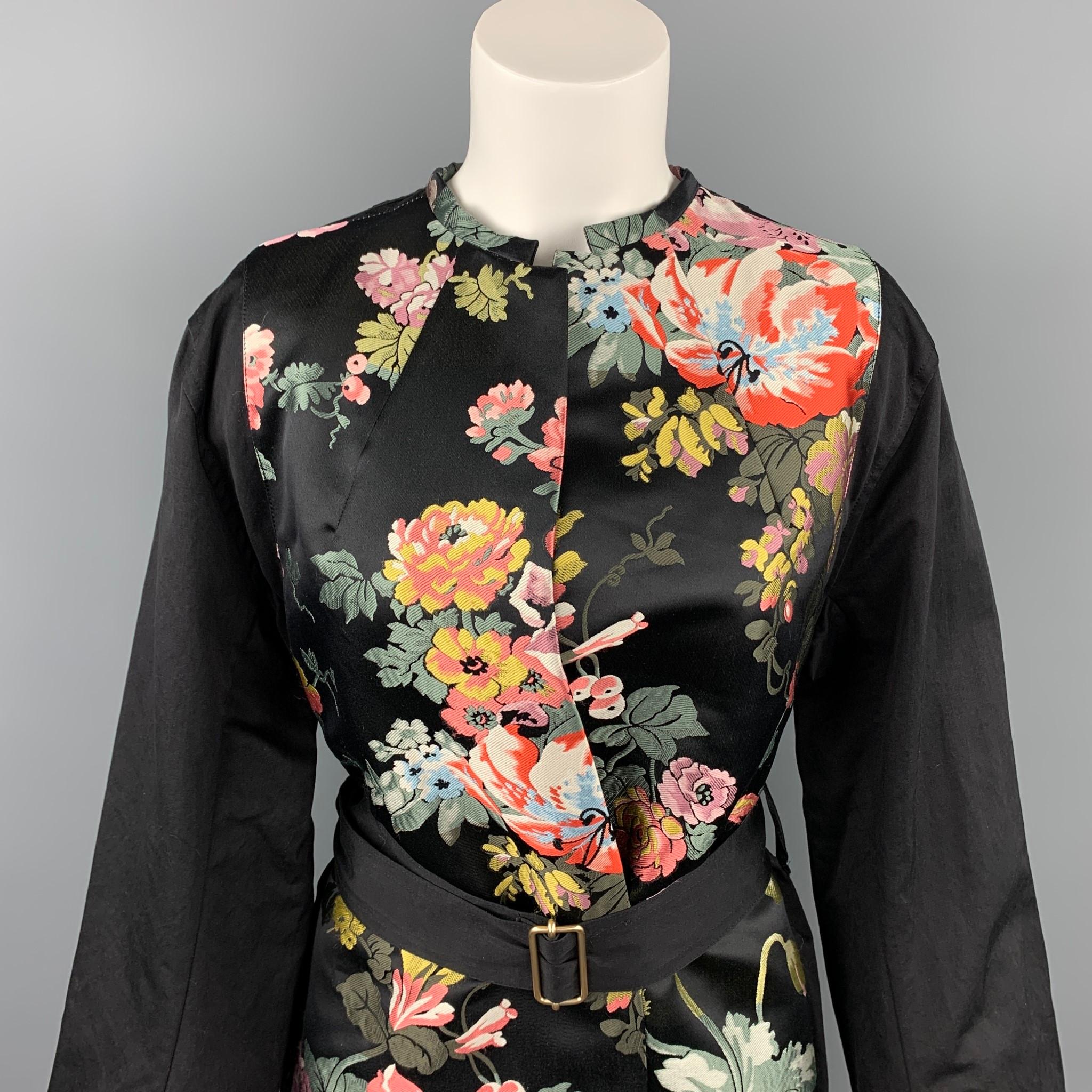 DRIES VAN NOTEN coat comes in a black silk / polyester with a multi-color jacquard design featuring a belted style, slit pockets, and a open front. 

Very Good Pre-Owned Condition.
Marked: 36

Measurements:

Shoulder: 17 in.
Bust: 38 in.
Sleeve: