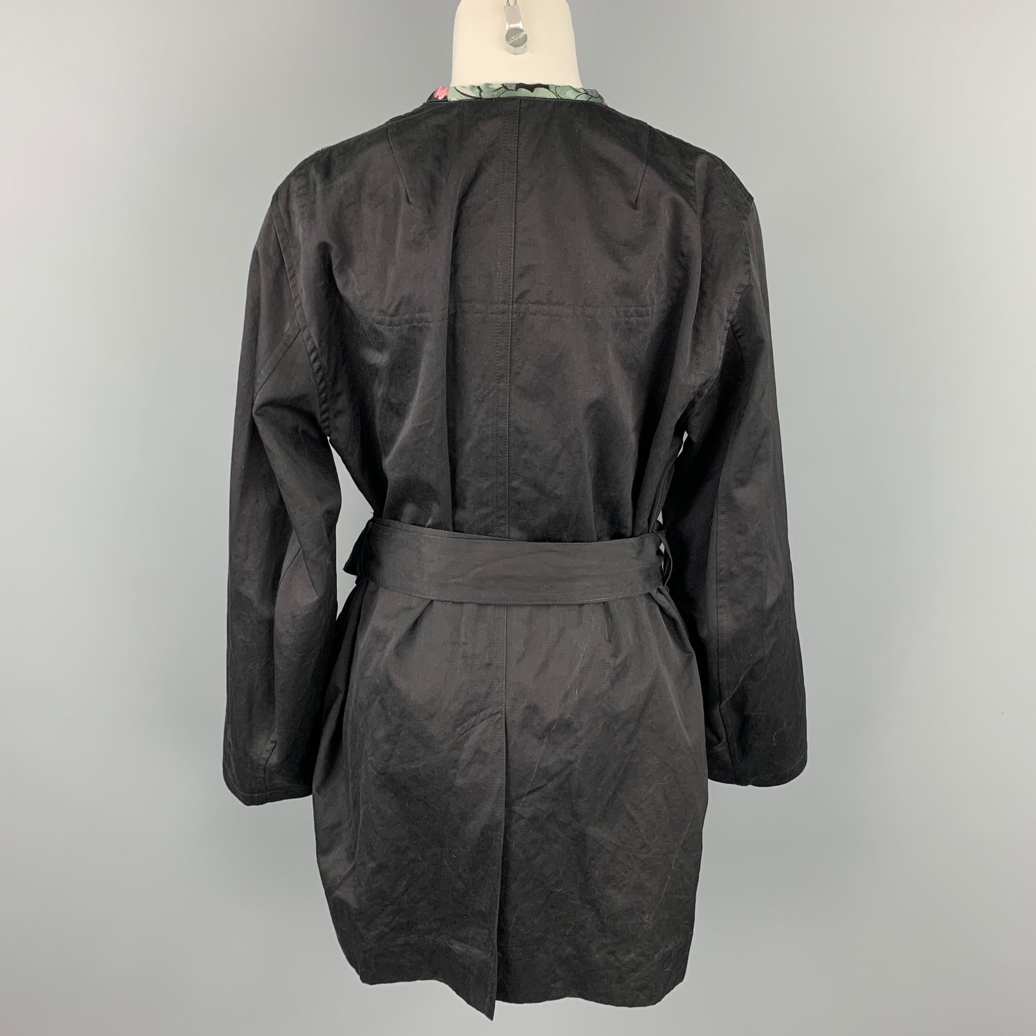 Women's DRIES VAN NOTEN Size 6 Black & Multi-Color Silk / Polyester Belted Coat