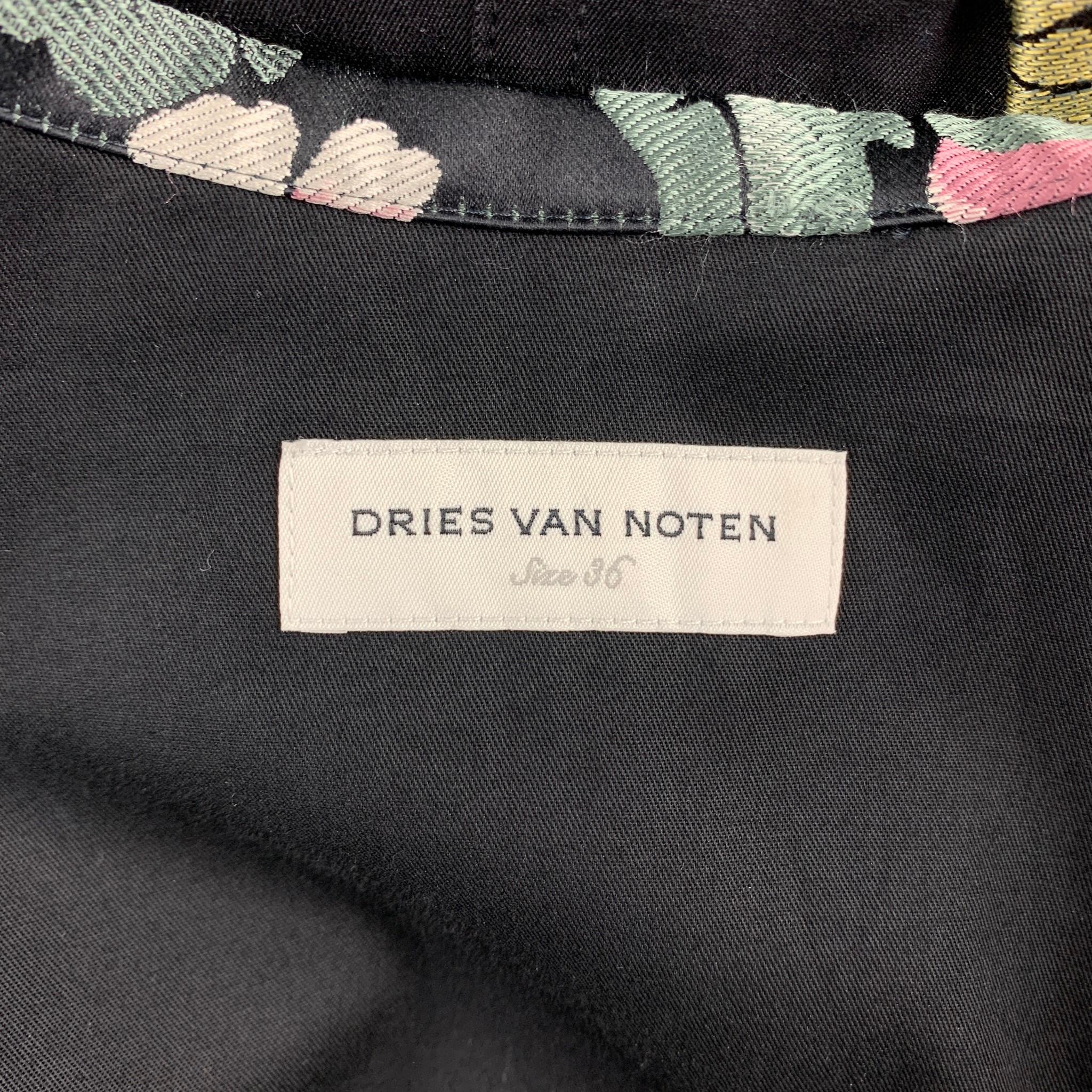DRIES VAN NOTEN Size 6 Black & Multi-Color Silk / Polyester Belted Coat 2