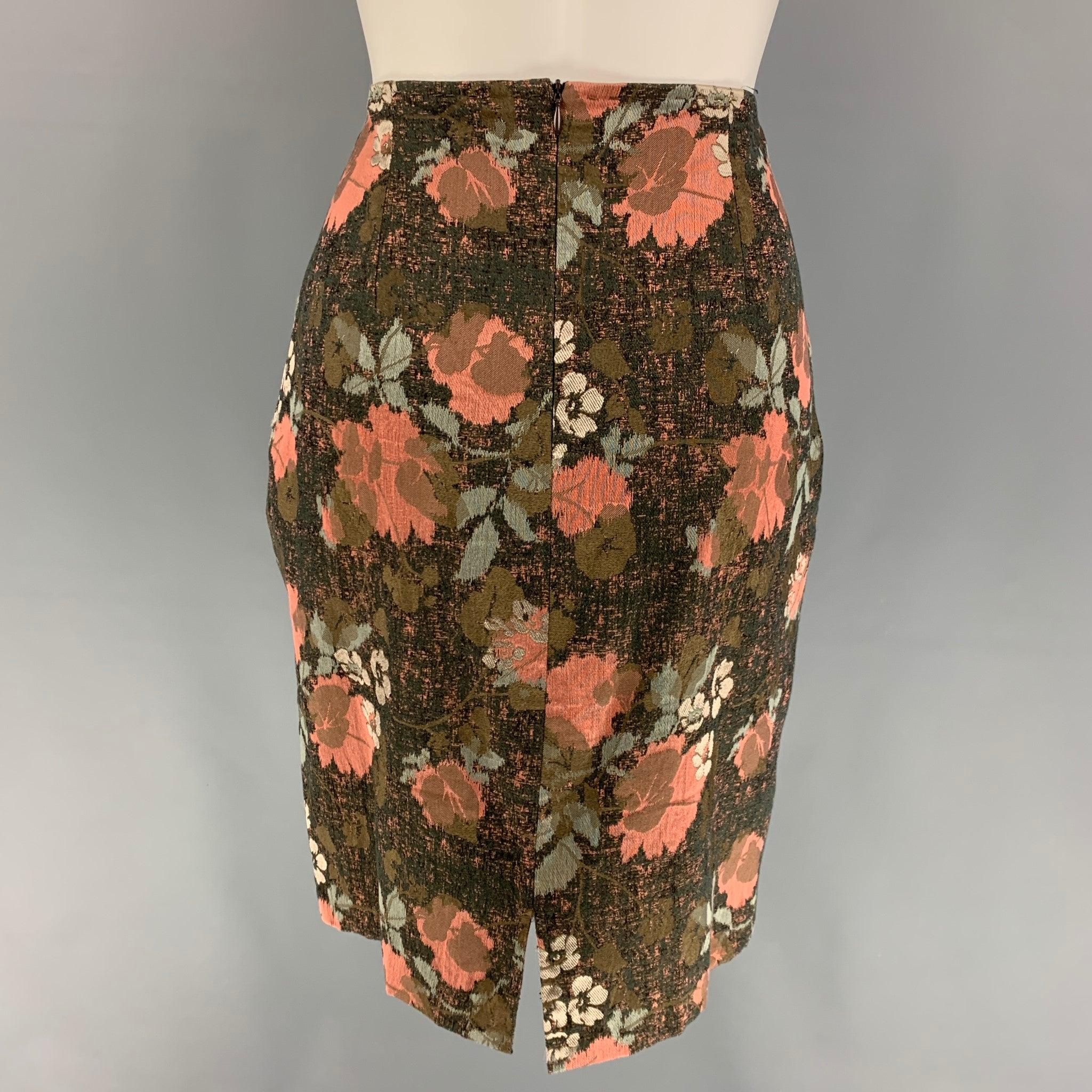 DRIES VAN NOTEN Size 6 Black Pink Green Silver Cotton Blend Floral Skirt In Good Condition For Sale In San Francisco, CA