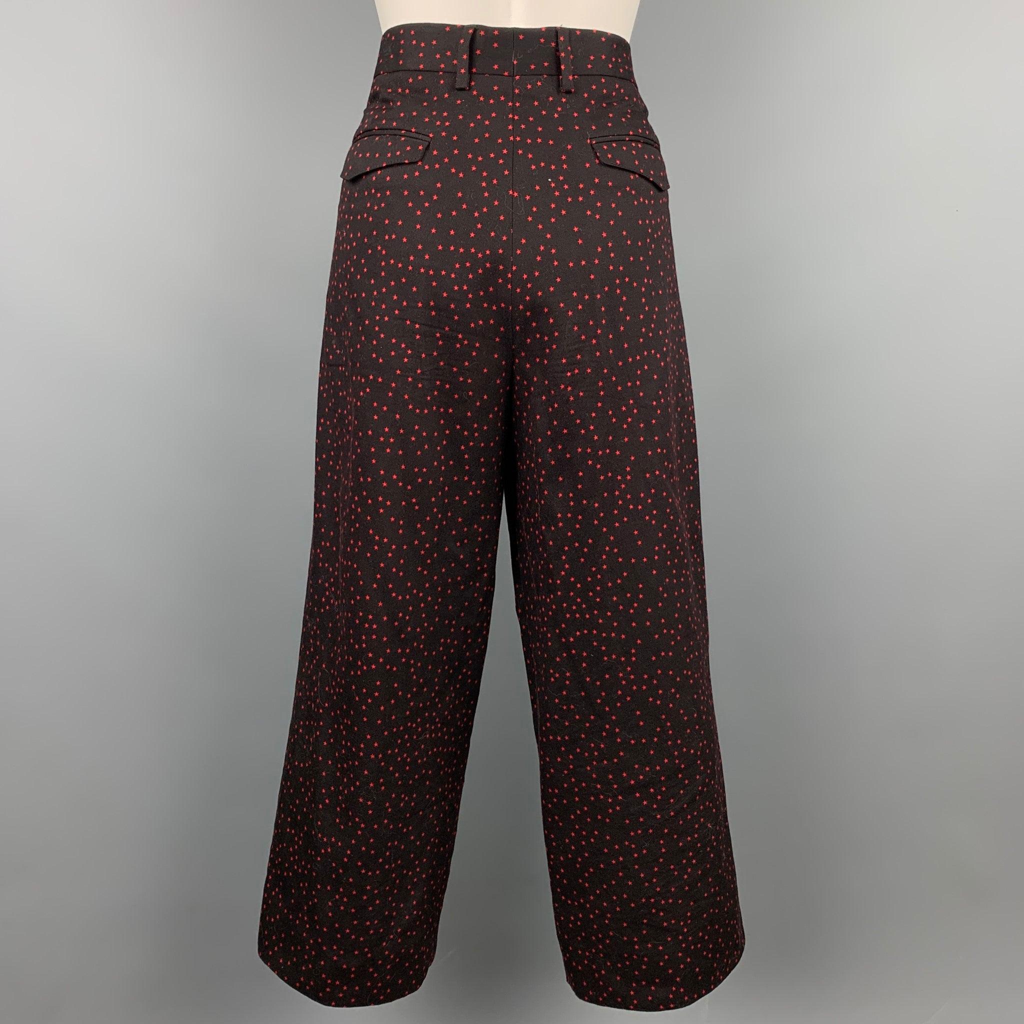 DRIES VAN NOTEN Size 6 Black & Red Star Print Cotton Wide Leg Dress Pants In Good Condition For Sale In San Francisco, CA