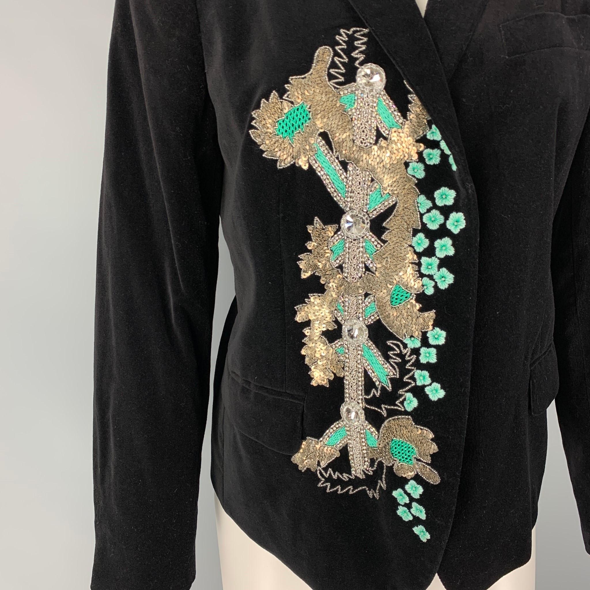 DRIES VAN NOTEN blazer comes in a black cotton velvet with a full liner featuring a notch lapel, front embroidered designs, sequined details, flap pockets, single back vent, and a open front. 

Very Good Pre-Owned Condition.
Marked: