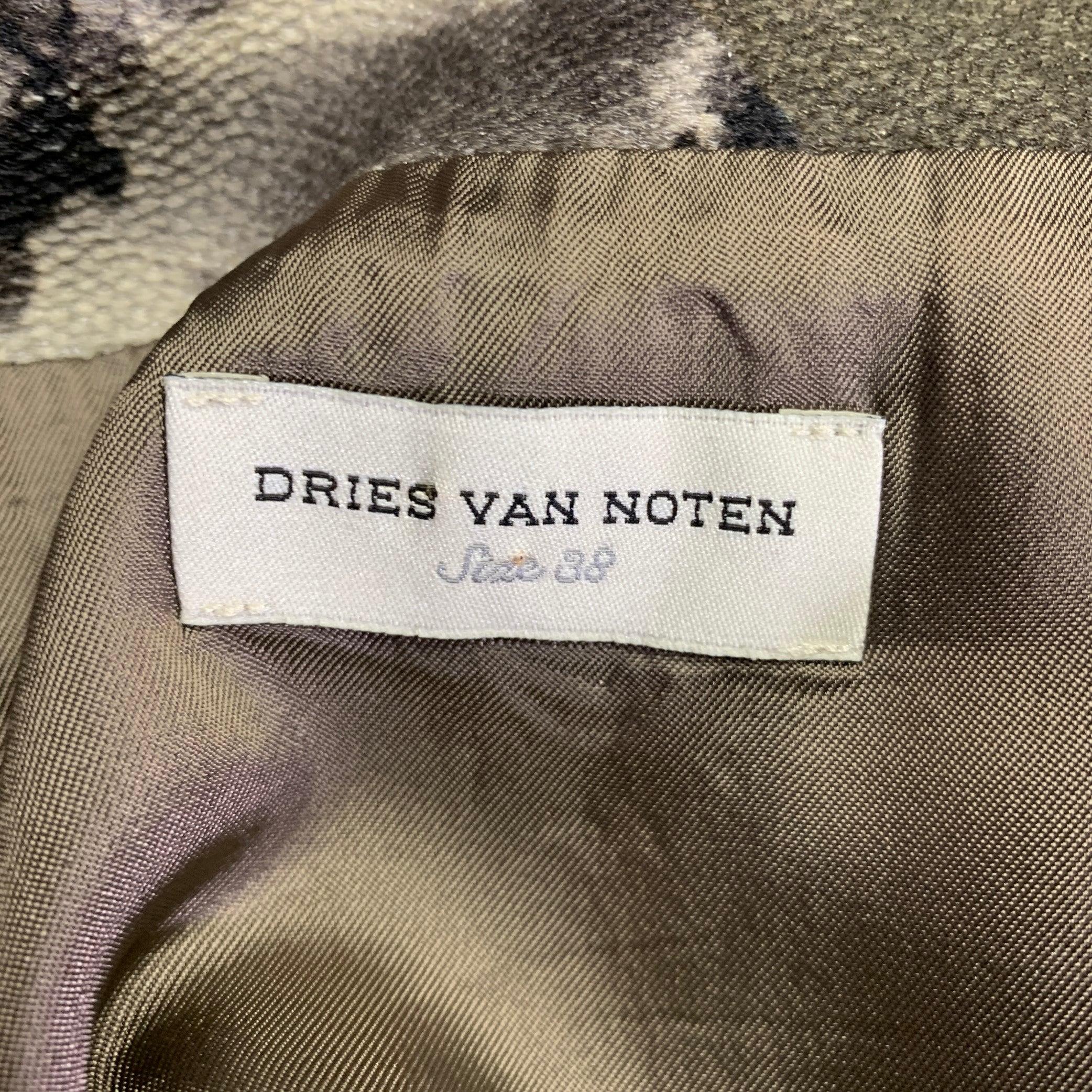 Women's DRIES VAN NOTEN Size 6 Grey Olive Wool Silk Marbled Open Back Dress