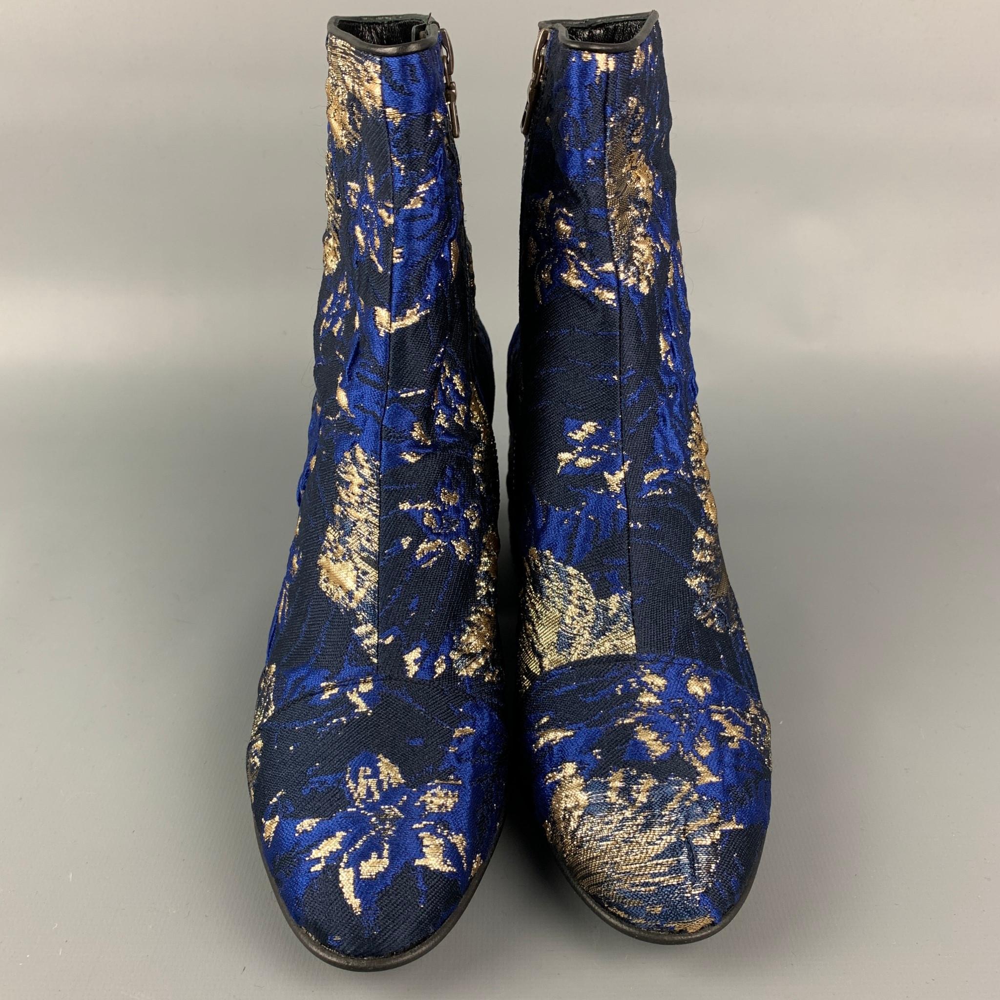 DRIES VAN NOTEN Size 6 Navy & Gold Jacquard Ankle Boots In Excellent Condition In San Francisco, CA