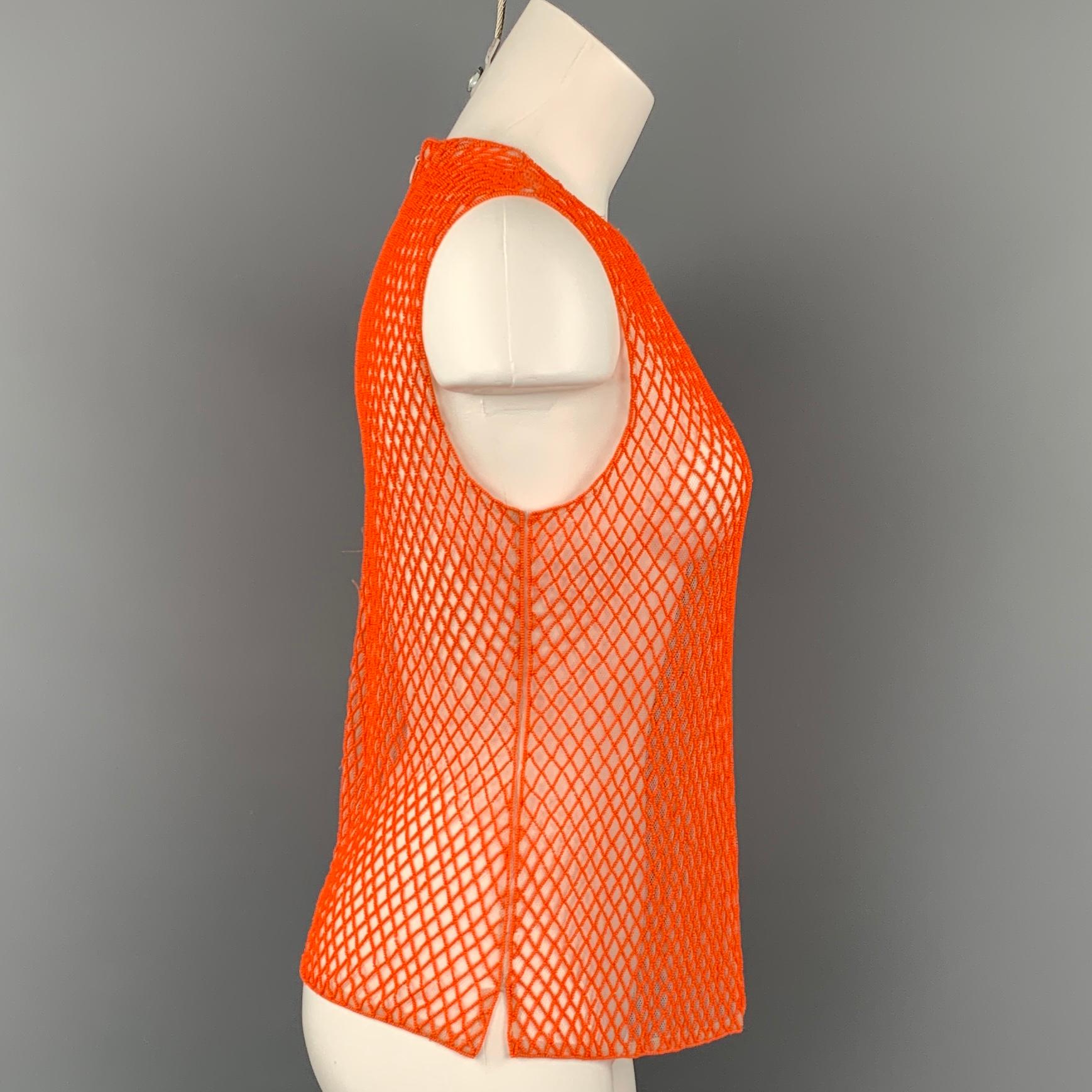 DRIES VAN NOTEN dress top comes in a orange & nude polyester with a beaded mesh design featuring a crew-neck, sleeveless, and a back zip up closure. 

Very Good Pre-Owned Condition.
Marked: 36

Measurements:

Shoulder: 15.5 in.
Bust: 31 in.
Length: