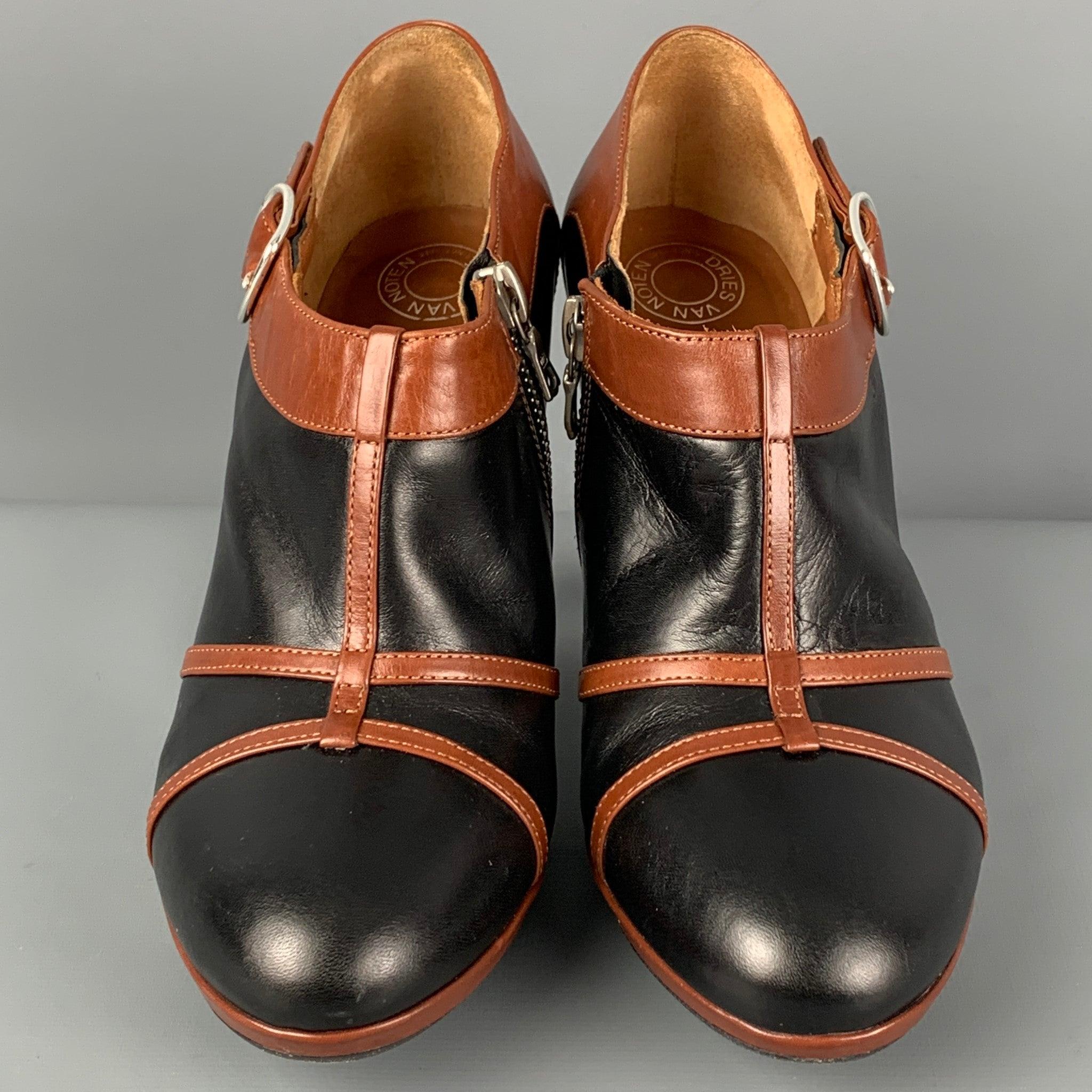 Men's DRIES VAN NOTEN Size 6 Tan Black Leather Zipper Boots For Sale