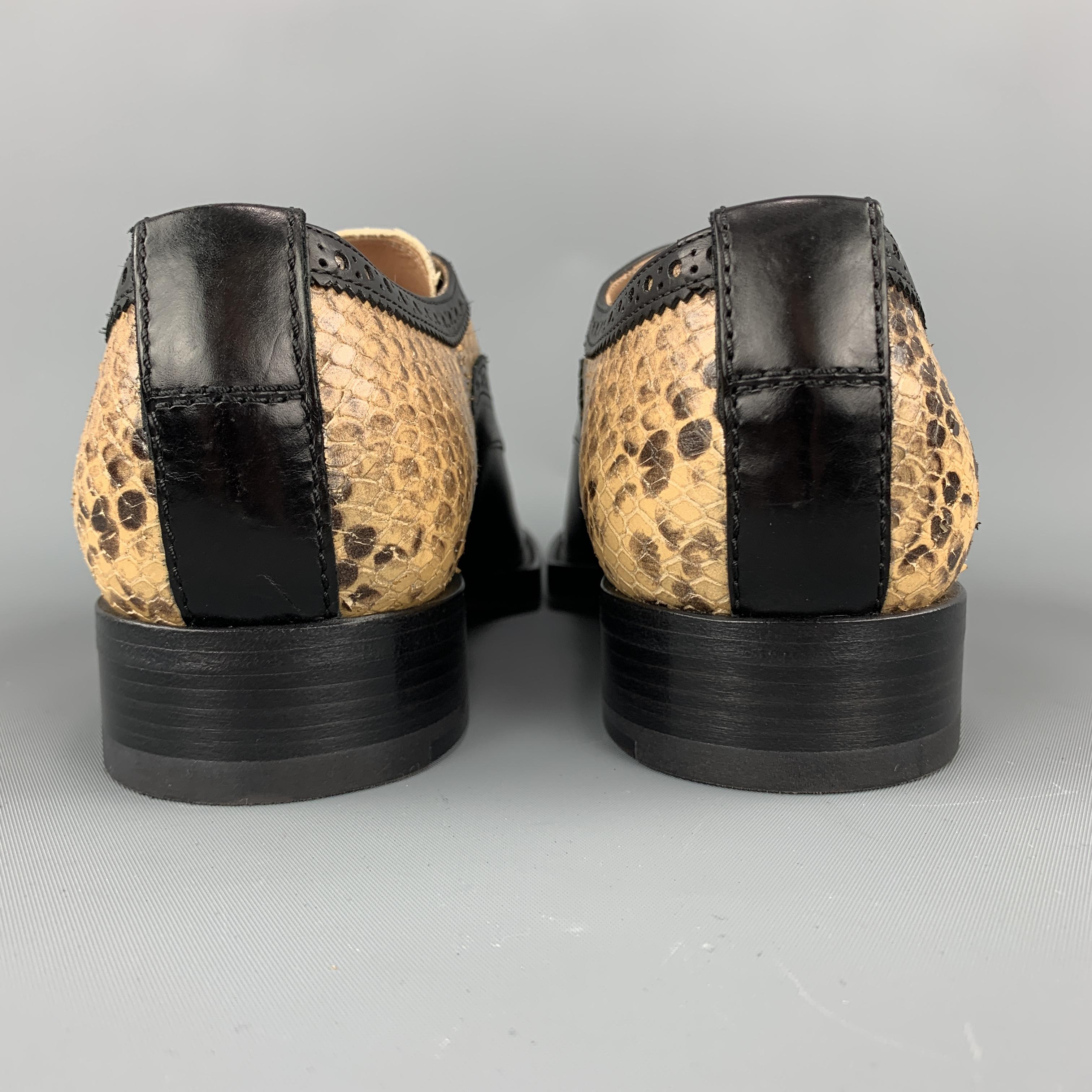 DRIES VAN NOTEN Size 7.5 Black Leather Beige Snakeskin Panel Brogues 2