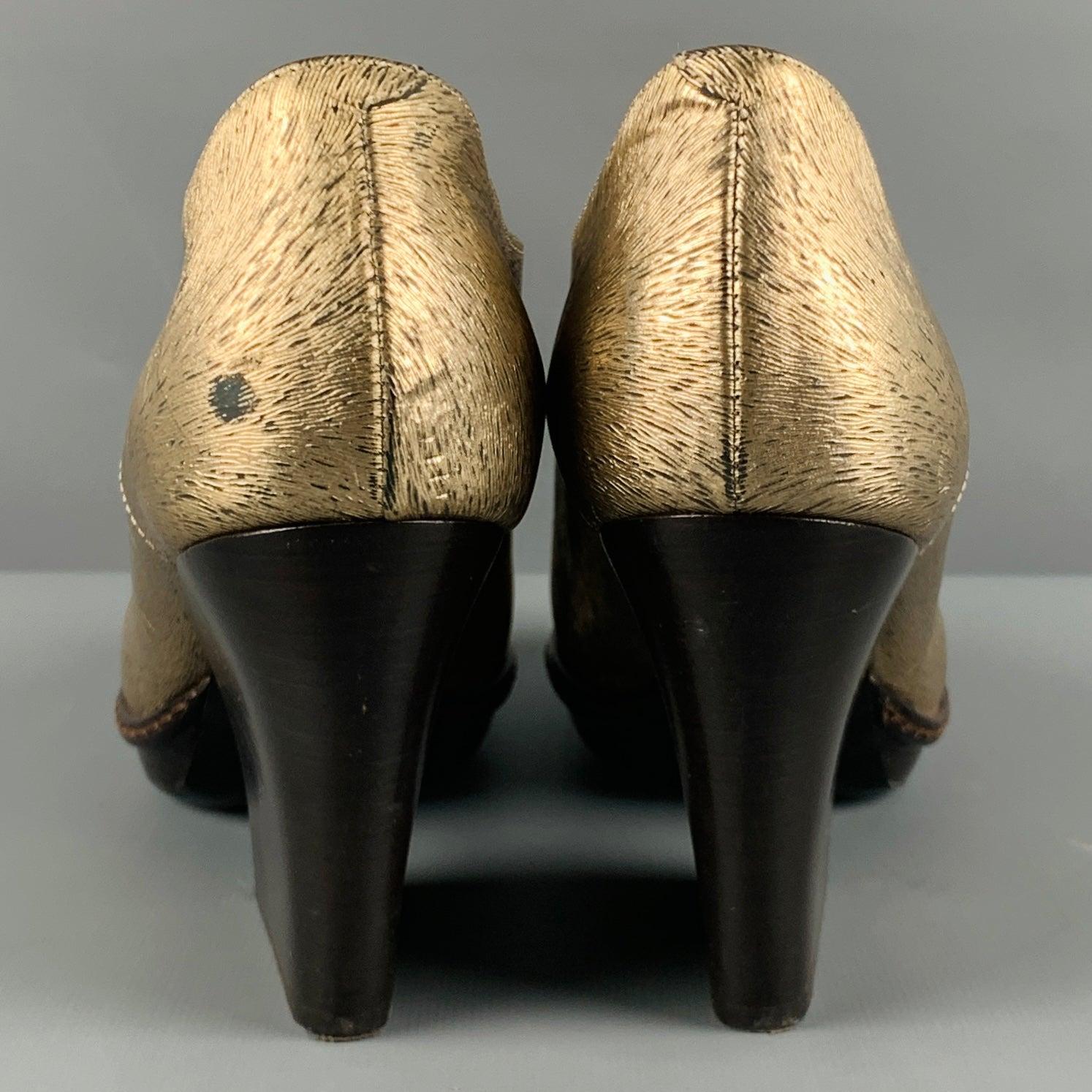 DRIES VAN NOTEN Size 7.5 Gold Brown Fabric Textured Chunky Heel Booties In Good Condition For Sale In San Francisco, CA
