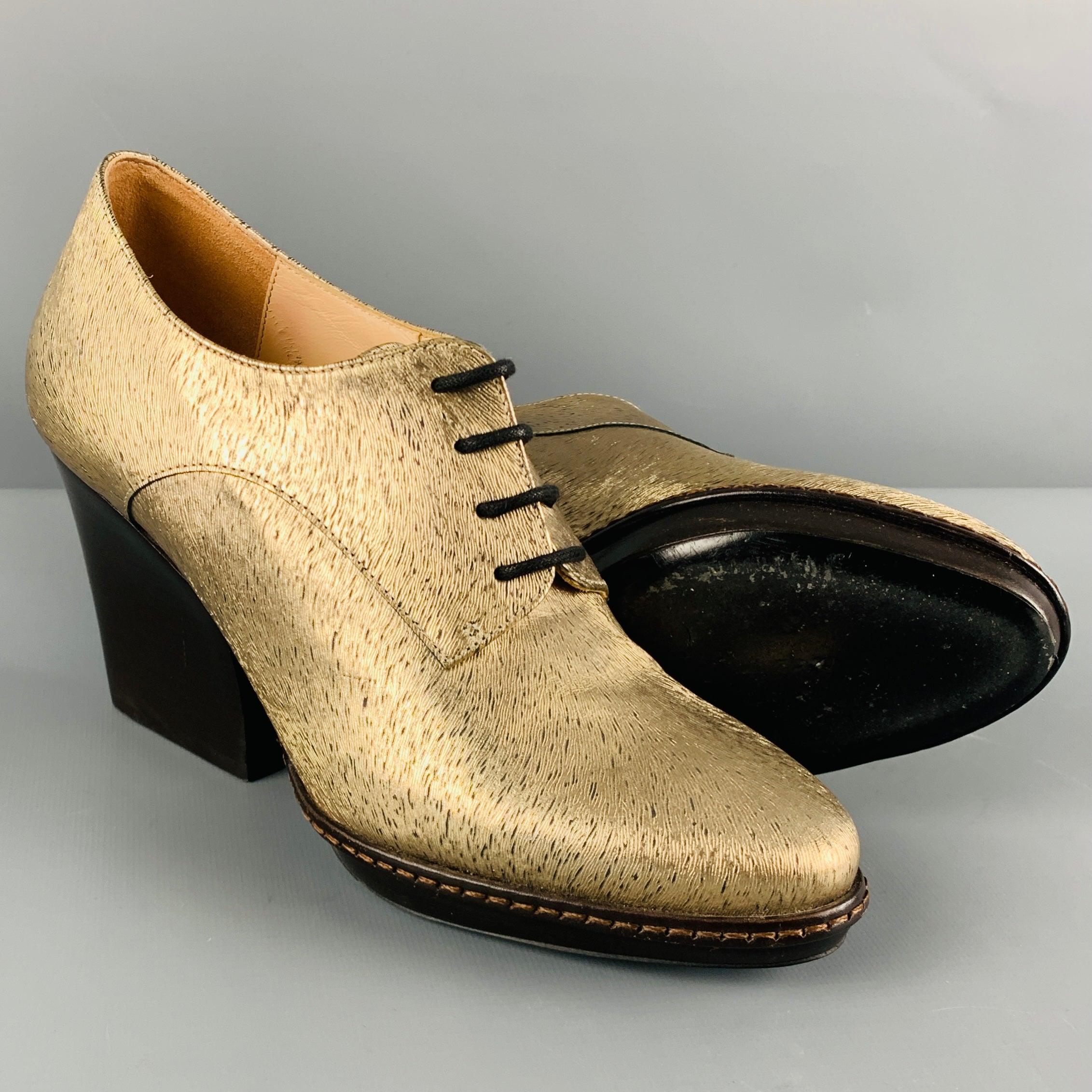 DRIES VAN NOTEN Size 7.5 Gold Brown Fabric Textured Chunky Heel Booties For Sale 1