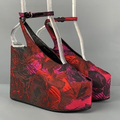 DRIES VAN NOTEN Size 7.5 Red Black Floral Jacquard Platform Wedge Pumps