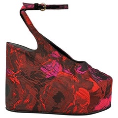 DRIES VAN NOTEN Size 7.5 Red Black Floral Jacquard Platform Wedge Pumps